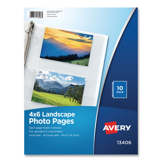 Avery Photo Storage Pages for Four 4 x 6 Horizontal Photos, 3-Hole Punched, 10/Pack (13406)