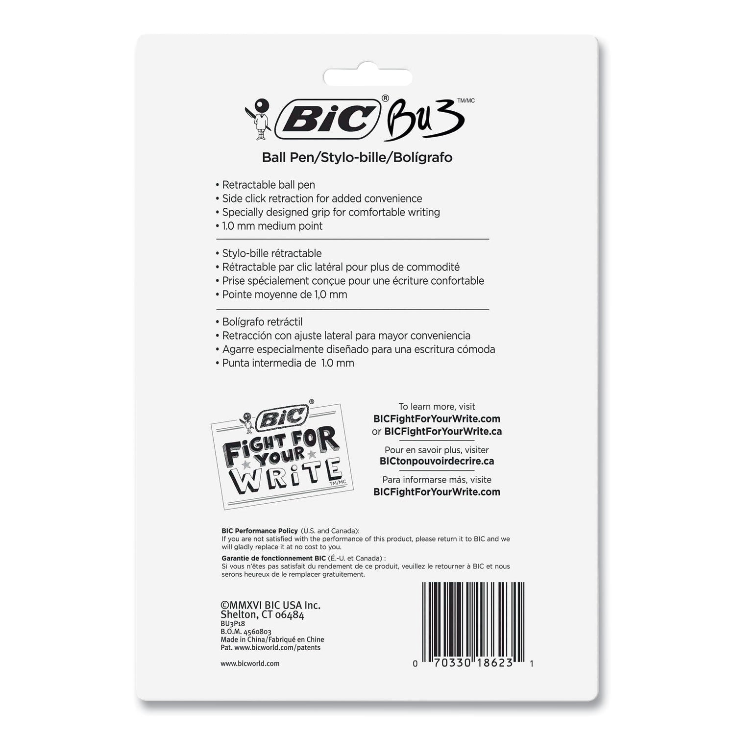 BIC BU3 Ballpoint Pen, Retractable, Medium 1 mm, Black Ink, Smoke/Black Barrel, 18/Pack (BU3P18BLK)