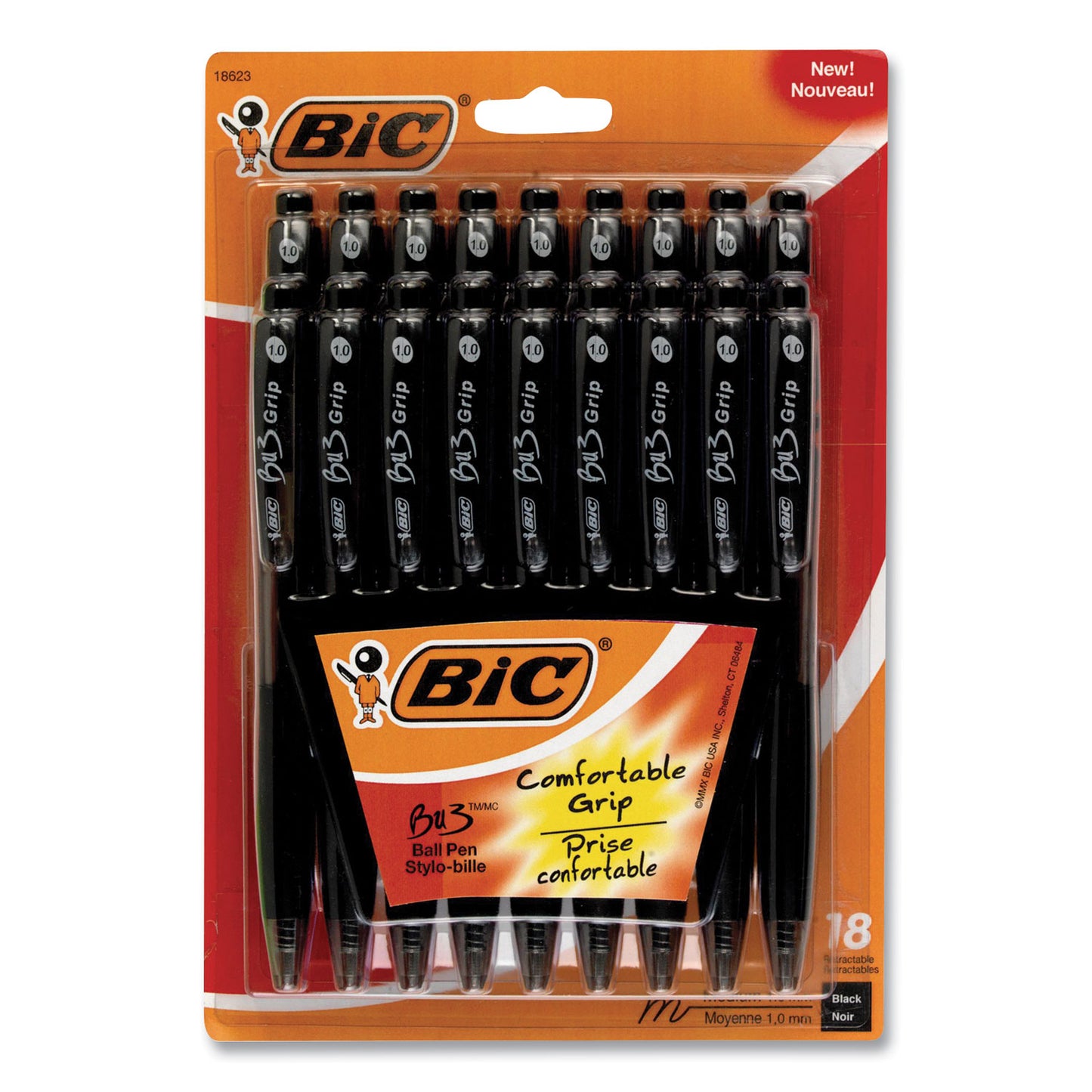 BIC BU3 Ballpoint Pen, Retractable, Medium 1 mm, Black Ink, Smoke/Black Barrel, 18/Pack (BU3P18BLK)