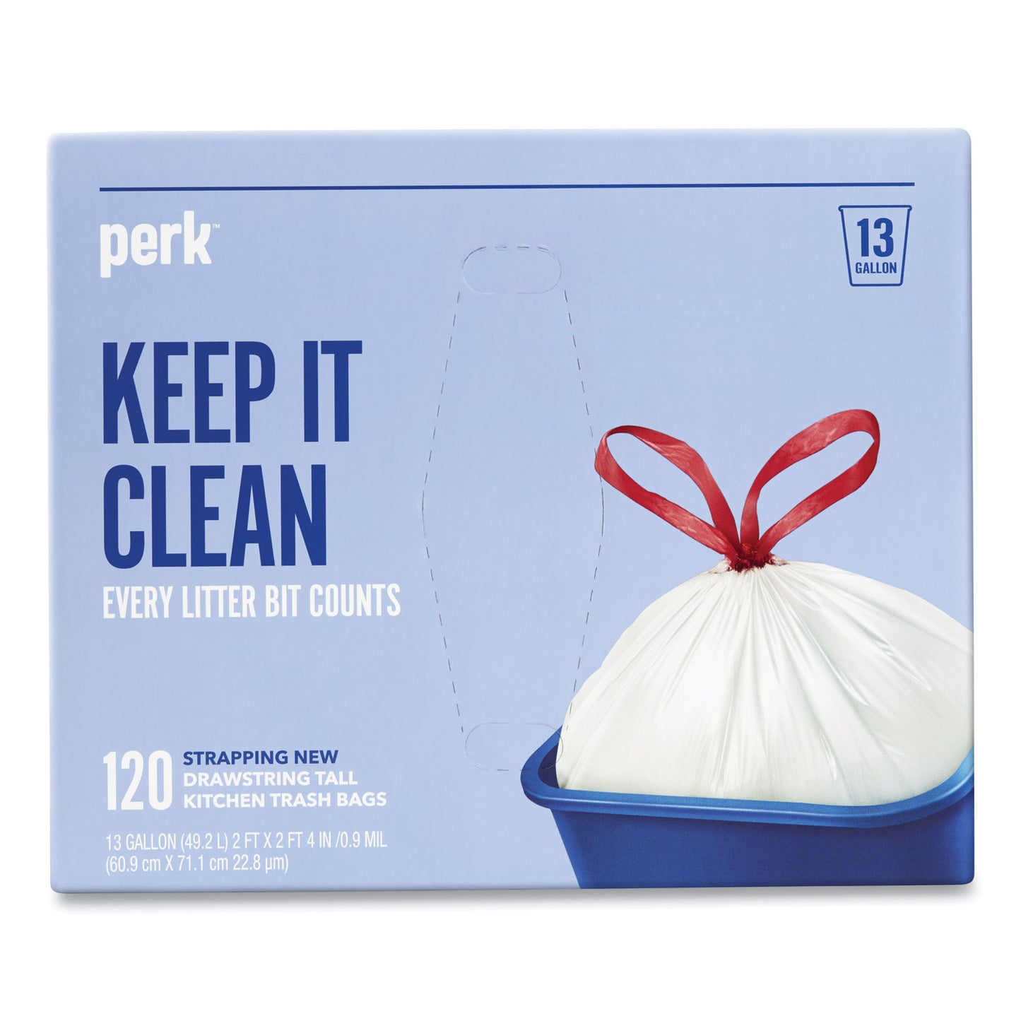 Perk Drawstring Tall Kitchen Trash Bags, 13 gal, 28" x 24", White, 120/Box (24377876)