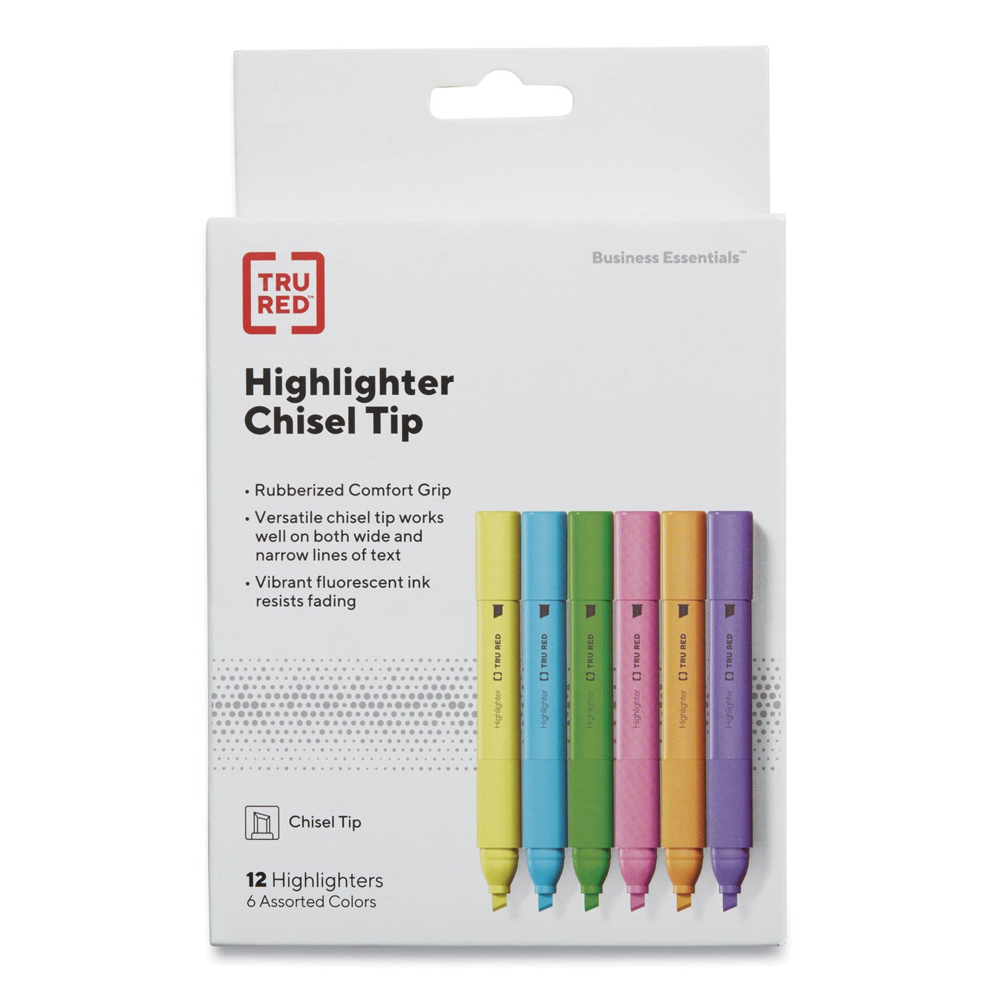 TRU RED Tank Style Chisel Tip Highlighter, Assorted Ink Colors, Chisel Tip, Assorted Barrel Colors, 12/Pack (24376663)