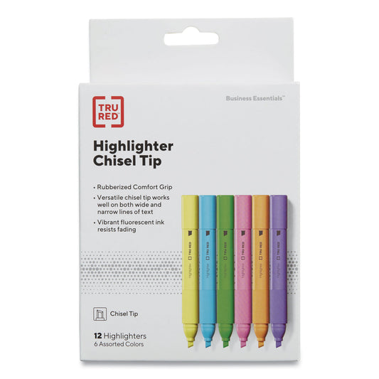 TRU RED Tank Style Chisel Tip Highlighter, Assorted Ink Colors, Chisel Tip, Assorted Barrel Colors, 12/Pack (24376663)