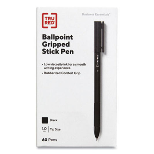 TRU RED Gripped Ballpoint Pen, Stick, Medium 1 mm, Black Ink, Black Barrel, 60/Pack (24328152)