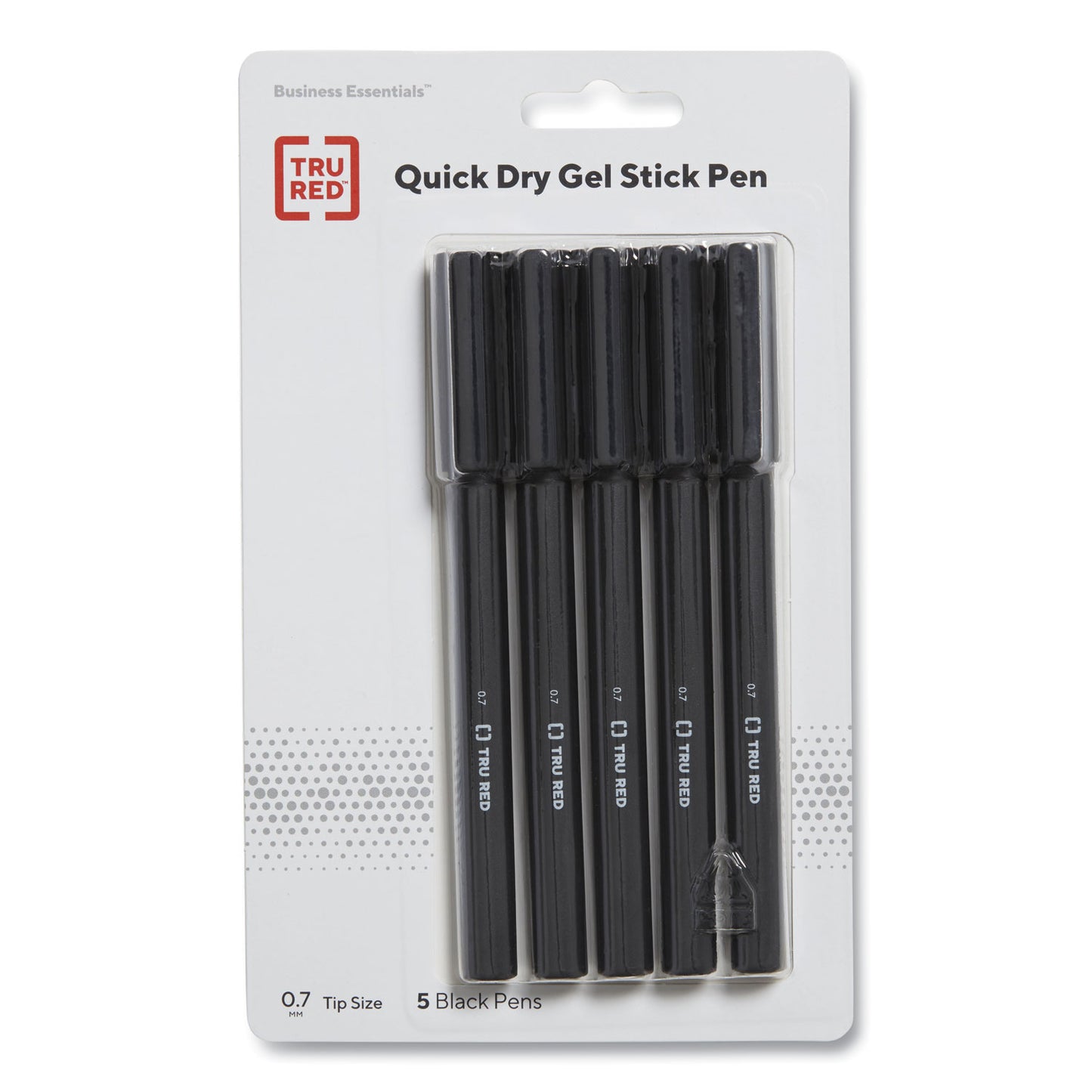 TRU RED Quick Dry Gel Pen, Stick, Medium 0.7 mm, Black Ink, Black Barrel, 5/Pack (24377017)