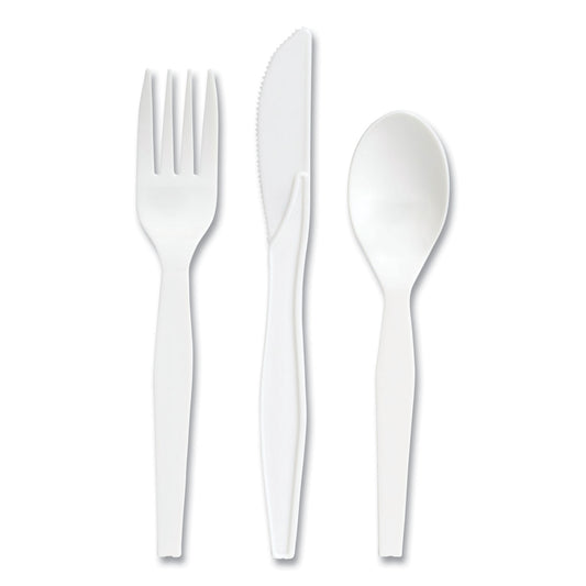 Perk Mediumweight Plastic Cutlery, Fork/Knife/Teaspoon, White, 100 Sets/Pack (24390994)