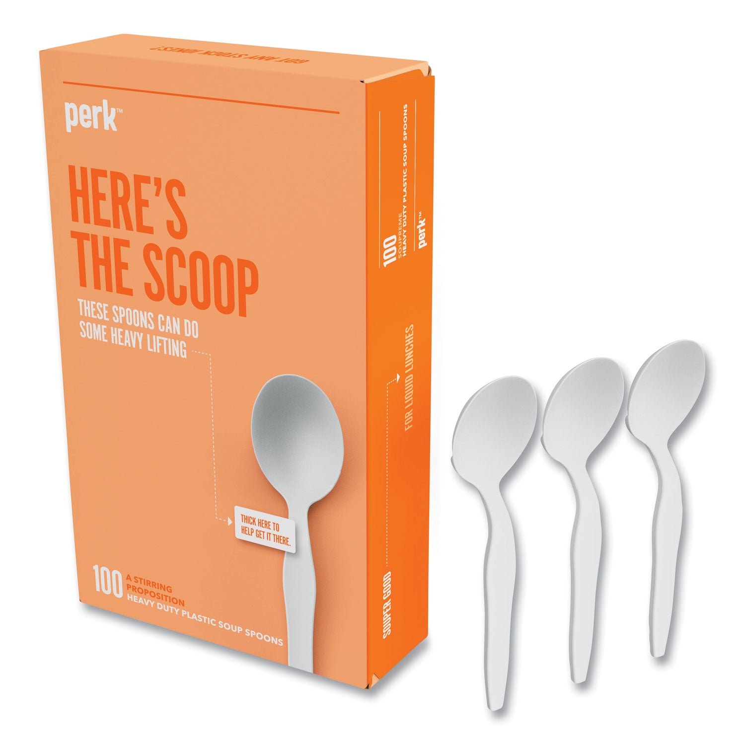 Perk Heavyweight Plastic Cutlery, Soup Spoon, White, 100/Pack (24391000)