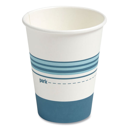 Perk Paper Hot Cups, 12 oz, White/Blue, 50/Pack (24375253)