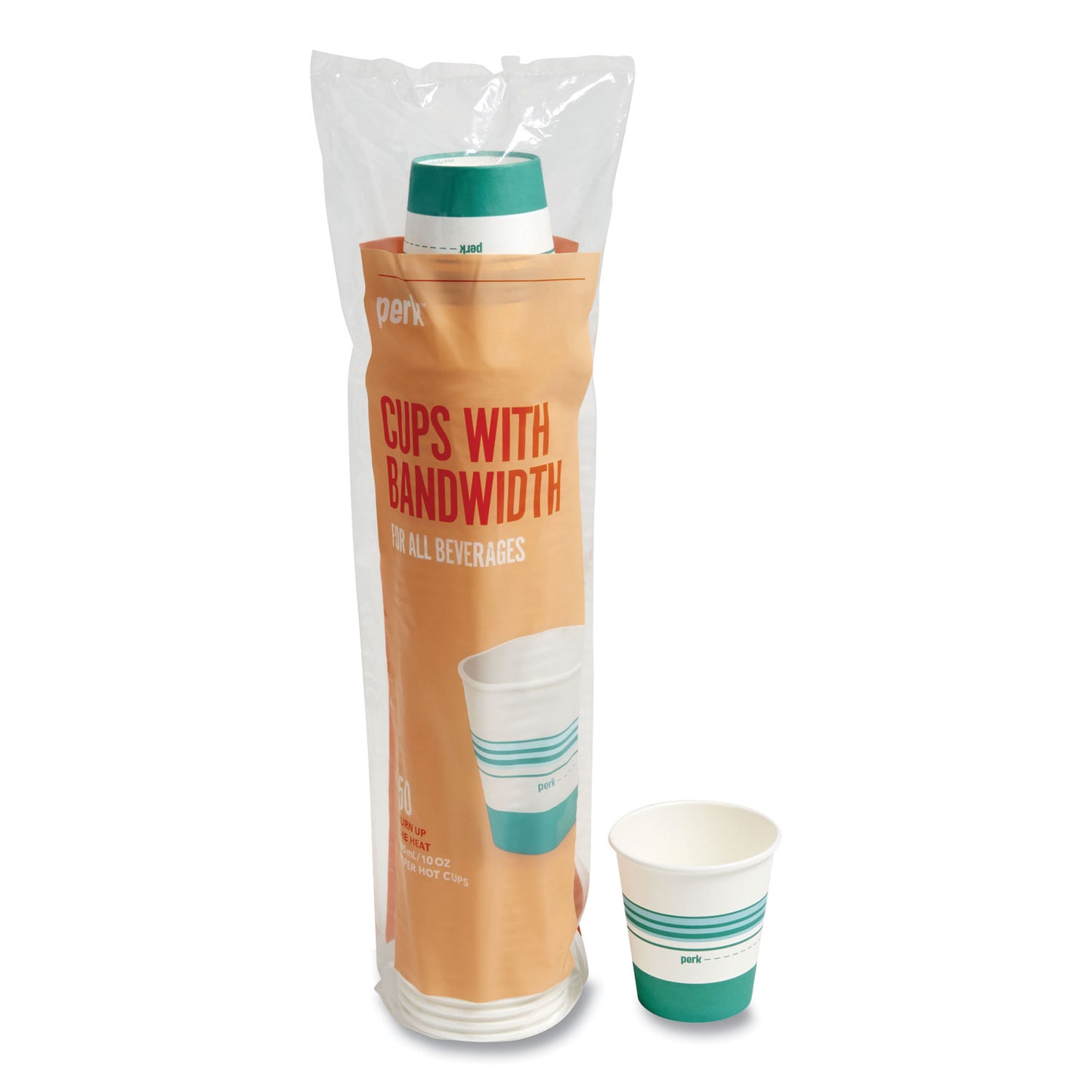 Perk Paper Hot Cups, 10 oz, White/Teal, 50/Pack (24375259)