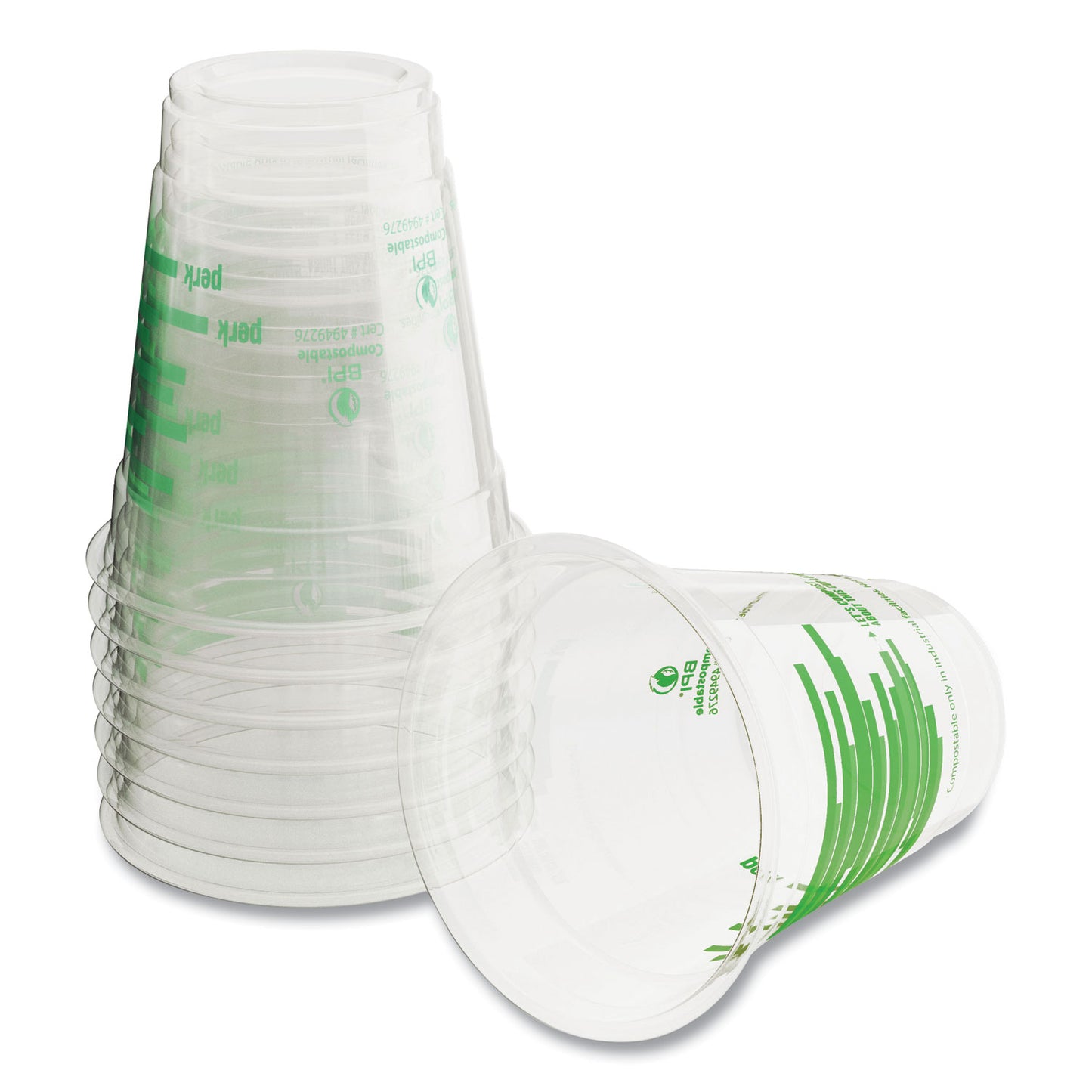 Perk Eco-ID Compostable PLA Corn Plastic Cold Cups, 12 oz, Clear/Green, 50/Pack, 6 Packs/Carton (24394121)