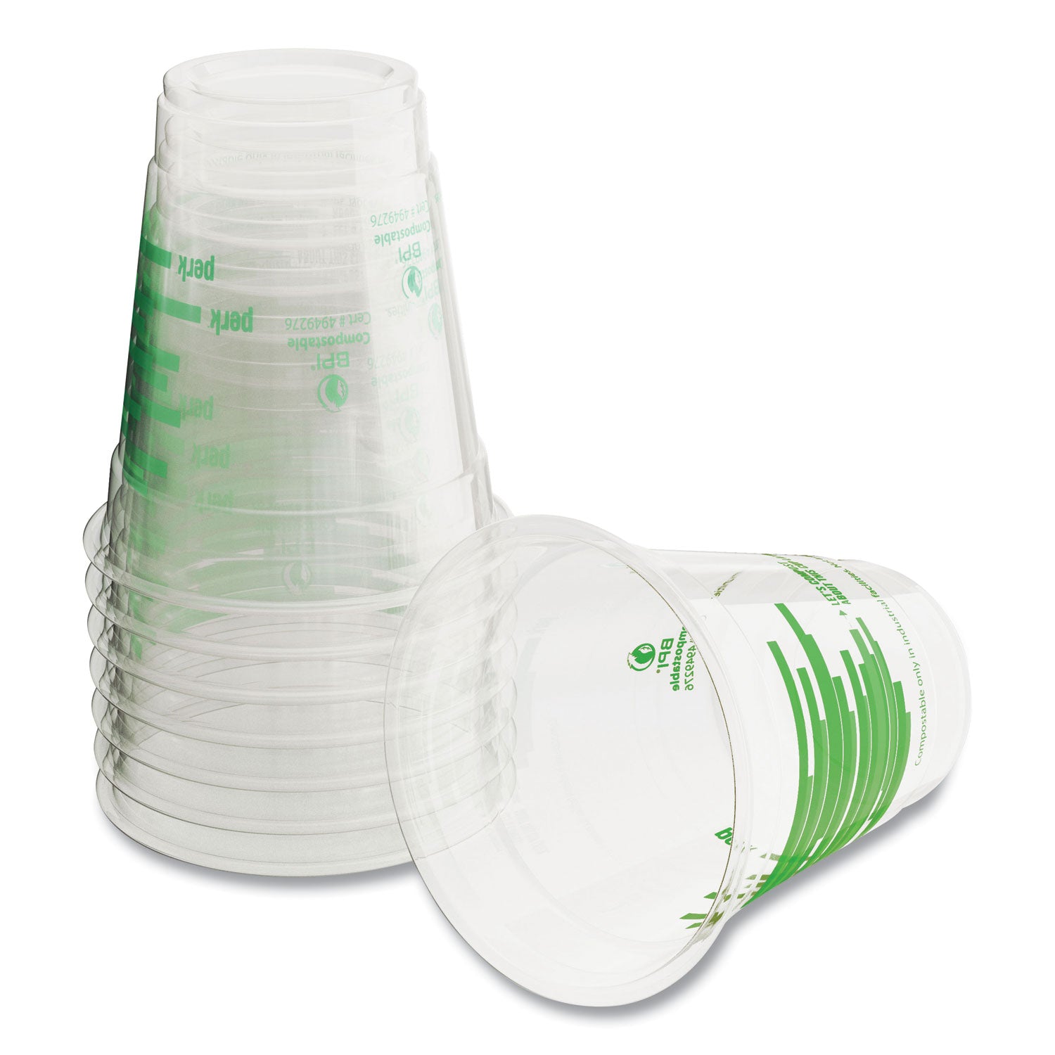 Perk Eco-ID Compostable PLA Corn Plastic Cold Cups, 12 oz, Clear/Green, 50/Pack, 6 Packs/Carton (24394121)