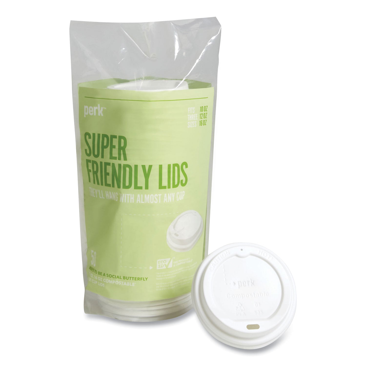 Perk Compostable Plastic Hot Cup Lids, Fits 10 oz , 12 oz, 16 oz Cups, White, 50/Pack (24394129)