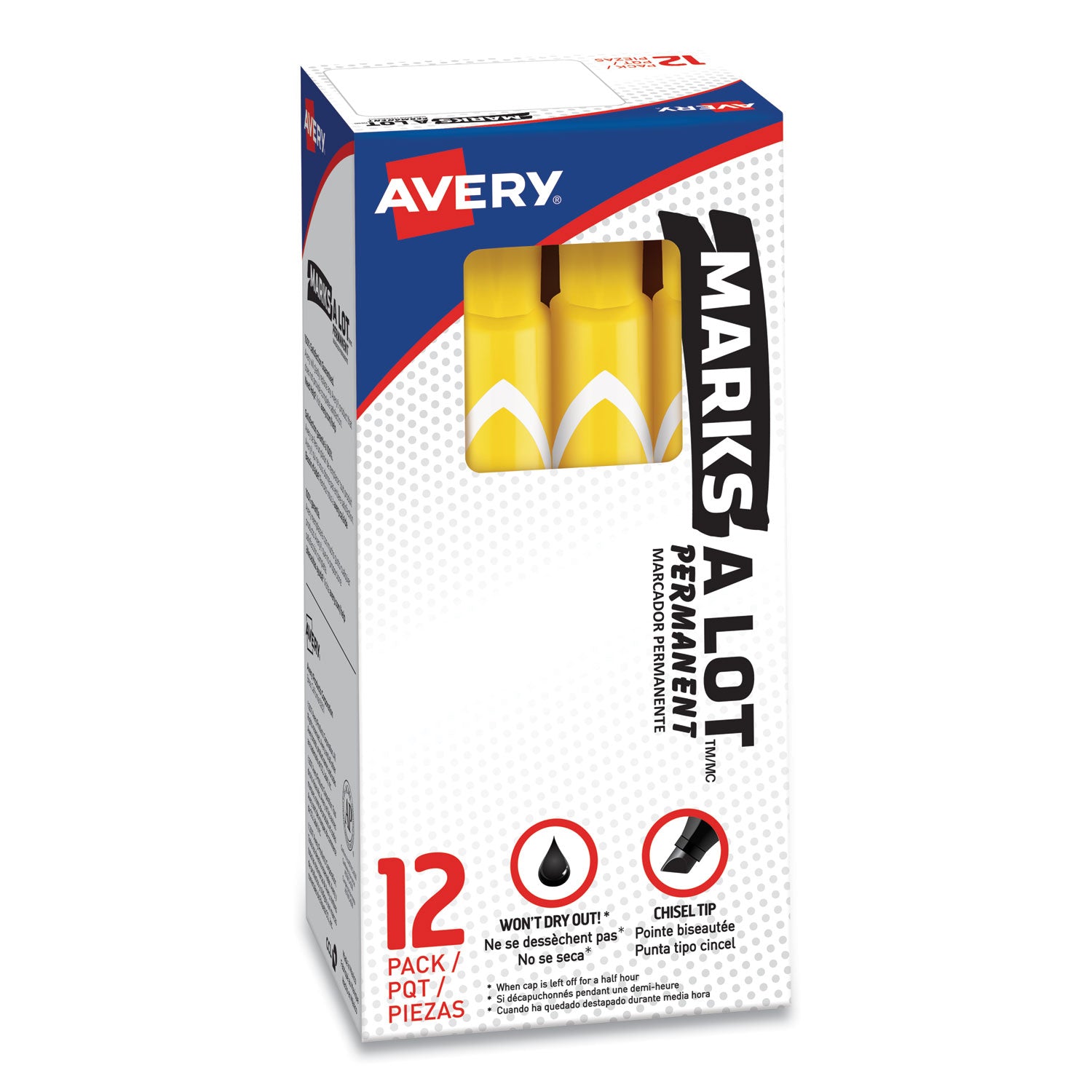 Avery MARKS A LOT Large Desk-Style Permanent Marker, Broad Chisel Tip, Yellow, Dozen (8882) (08882)