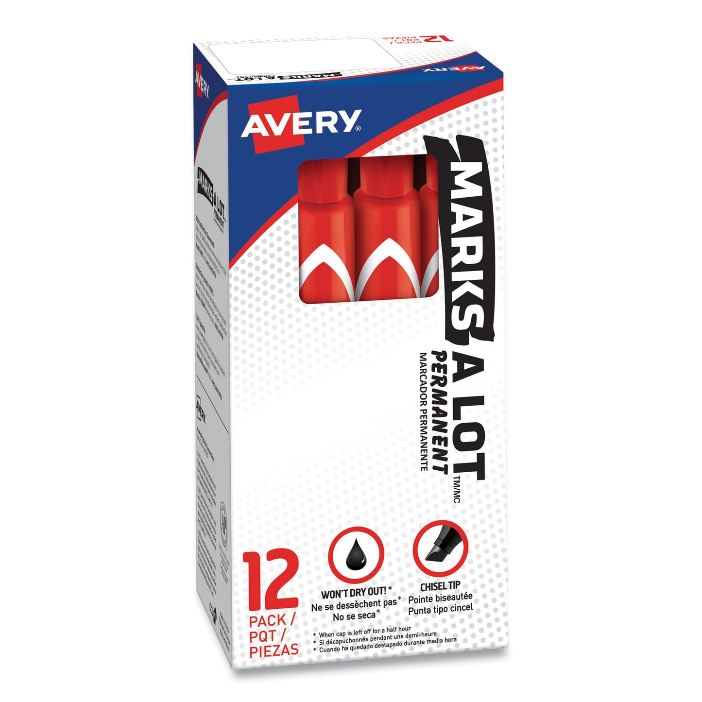 Avery MARKS A LOT Large Desk-Style Permanent Marker, Broad Chisel Tip, Red, Dozen (8887) (08887)