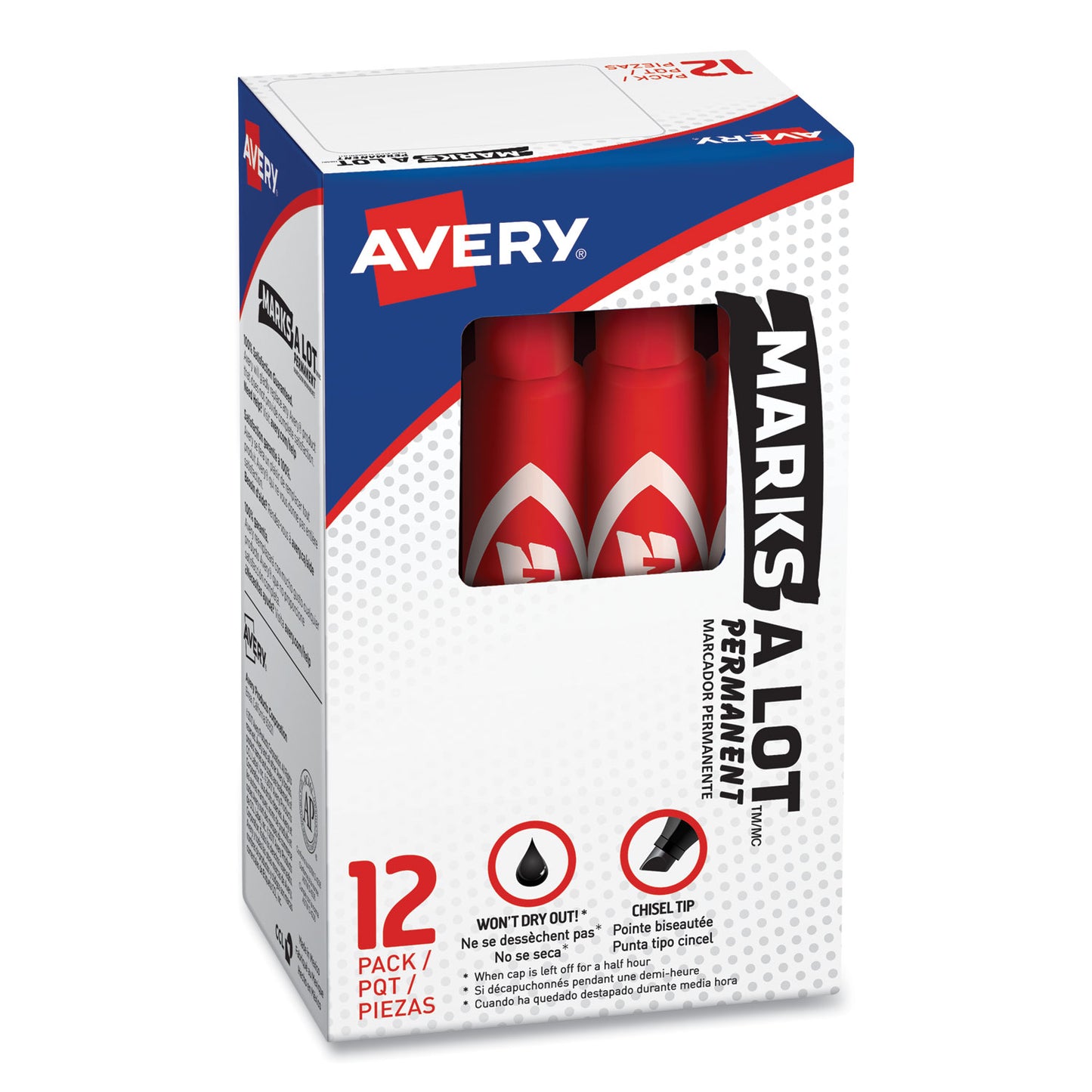 Avery MARKS A LOT Regular Desk-Style Permanent Marker, Broad Chisel Tip, Red, Dozen (7887) (07887)