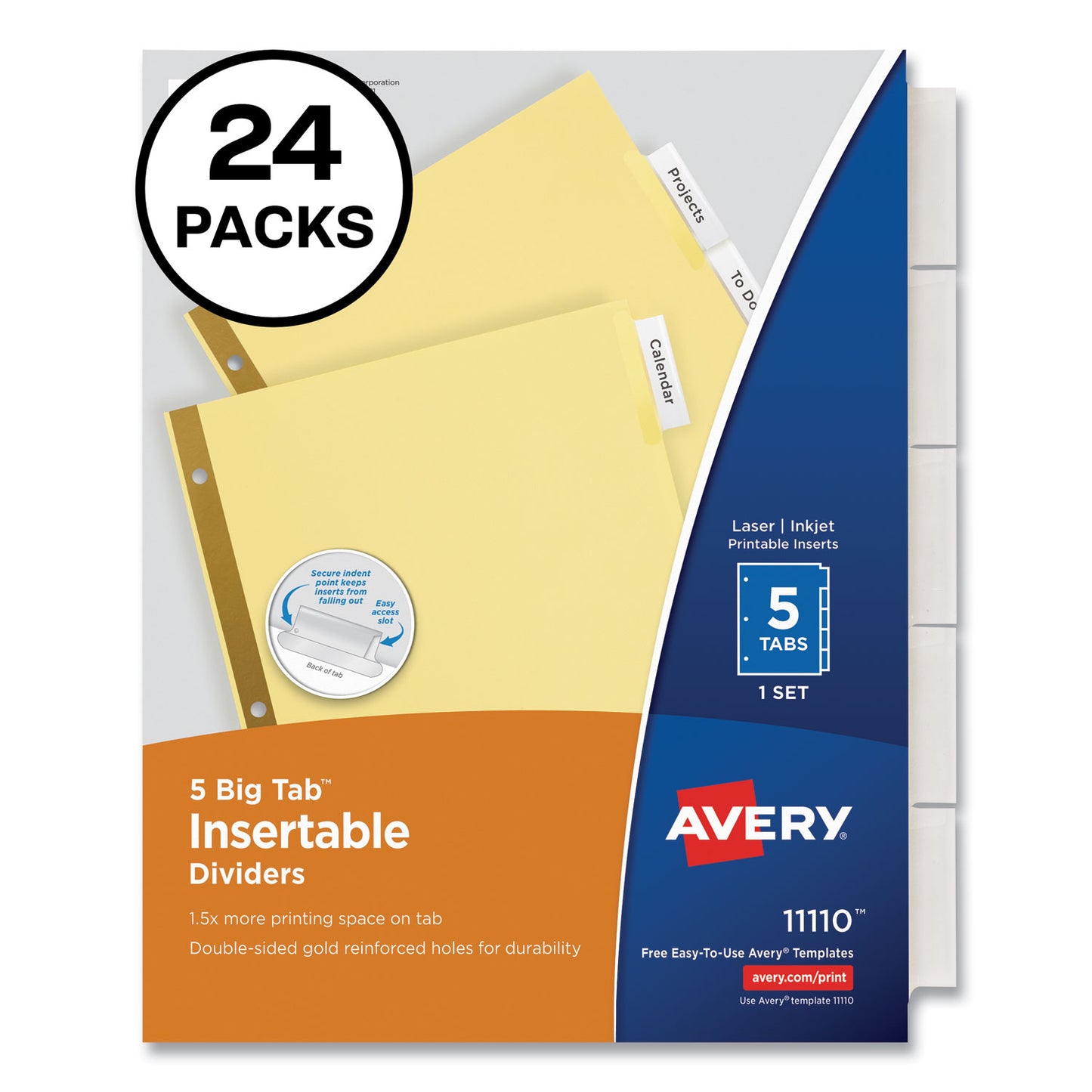 Avery Insertable Big Tab Dividers, 5-Tab, Double-Sided Gold Edge Reinforcing, 11 x 8.5, Buff, Clear Tabs, 24 Sets (11113)