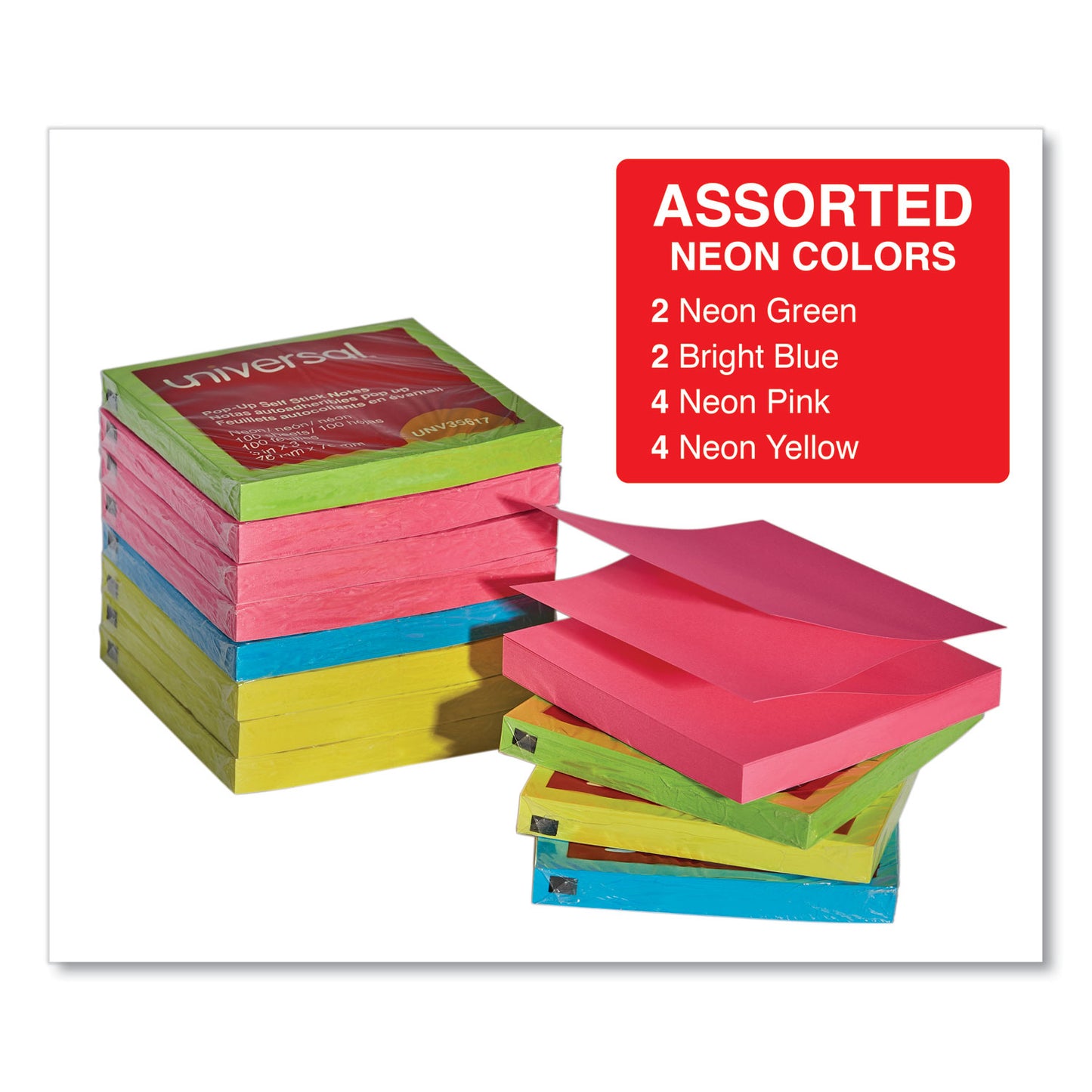 Universal Fan-Folded Self-Stick Pop-Up Note Pads, 3" x 3", Assorted Neon Colors, 100 Sheets/Pad, 12 Pads/Pack (35617)