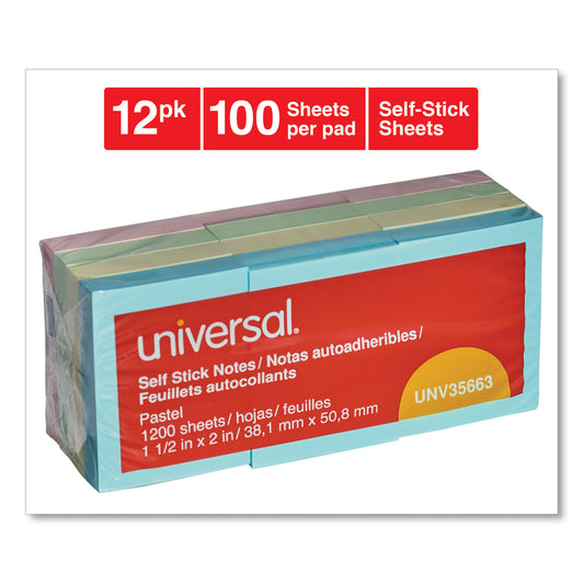 Universal Self-Stick Note Pads, 1.5" x 2", Assorted Pastel Colors, 100 Sheets/Pad, 12 Pads/Pack (35663)