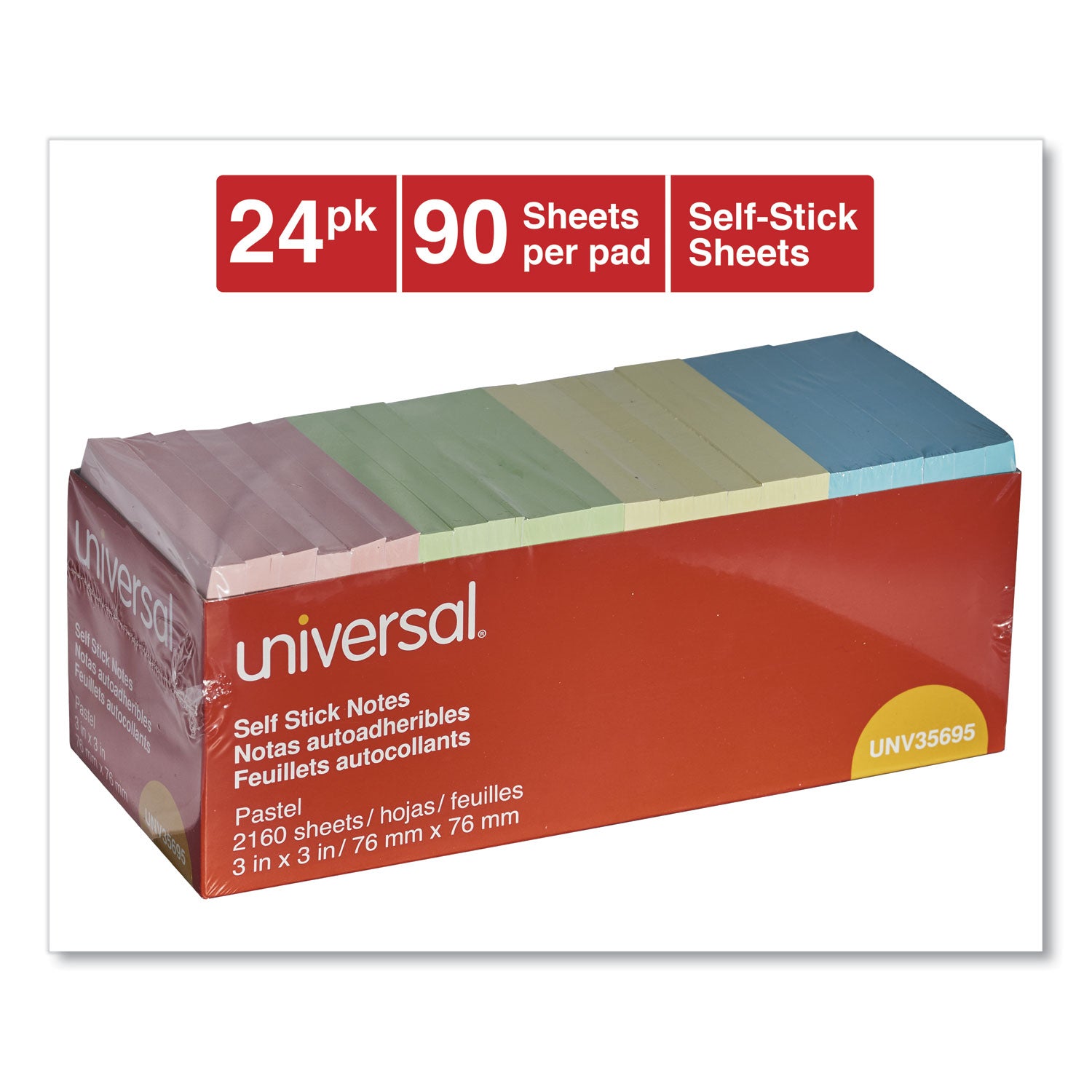 Universal Self-Stick Note Pad Cabinet Pack, 3" x 3", Assorted Pastel Colors, 90 Sheets/Pad, 24 Pads/Pack (35695)