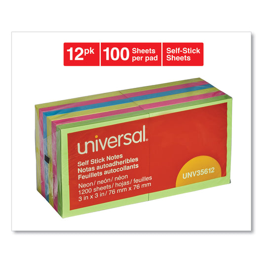 Universal Self-Stick Note Pads, 3" x 3", Assorted Neon Colors, 100 Sheets/Pad, 12 Pads/Pack (35612)