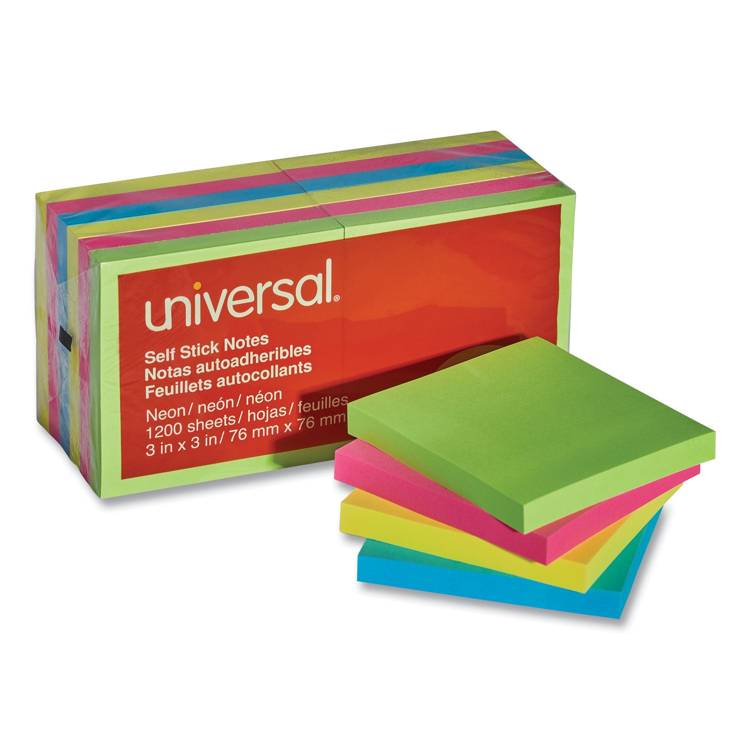 Universal Self-Stick Note Pads, 3" x 3", Assorted Neon Colors, 100 Sheets/Pad, 12 Pads/Pack (35612)