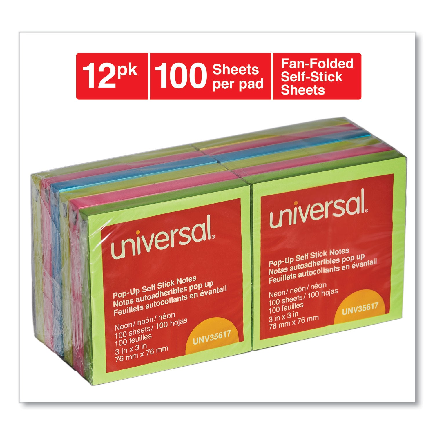 Universal Fan-Folded Self-Stick Pop-Up Note Pads, 3" x 3", Assorted Neon Colors, 100 Sheets/Pad, 12 Pads/Pack (35617)