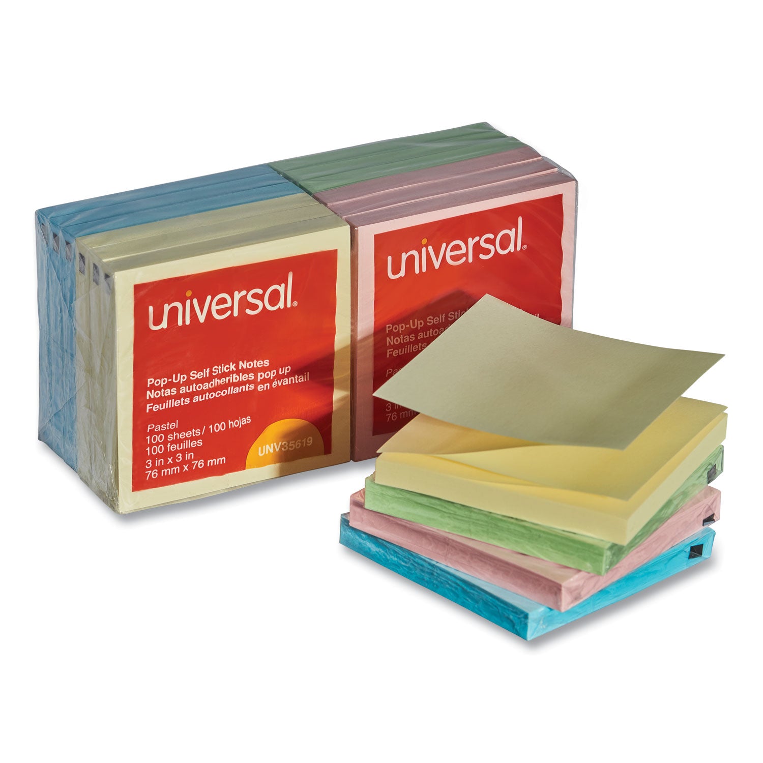 Universal Fan-Folded Self-Stick Pop-Up Note Pads, 3" x 3", Assorted Pastel Colors, 100 Sheets/Pad, 12 Pads/Pack (35619)