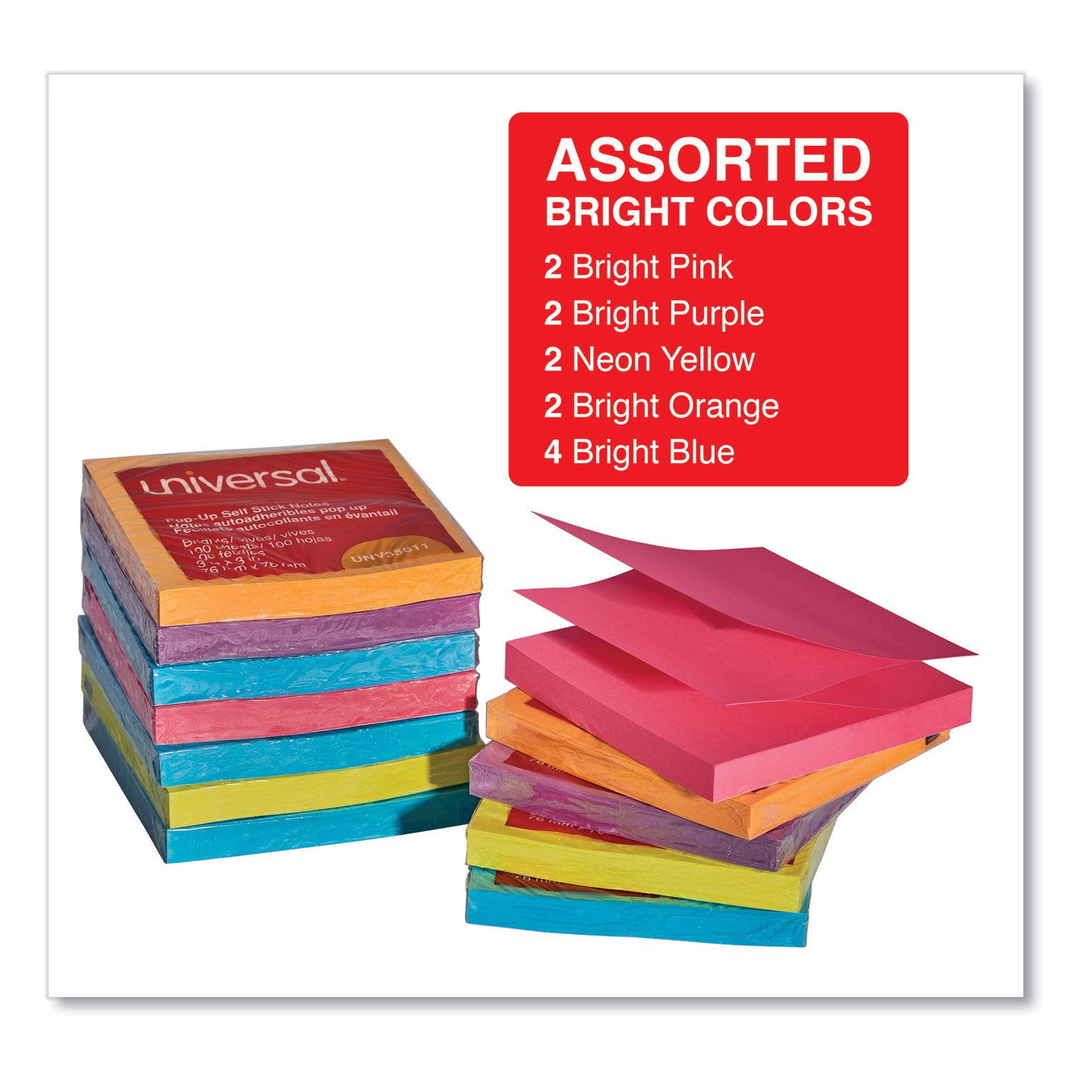 Universal Fan-Folded Self-Stick Pop-Up Note Pads, 3" x 3", Assorted Bright Colors, 100 Sheets/Pad, 12 Pads/Pack (35611)