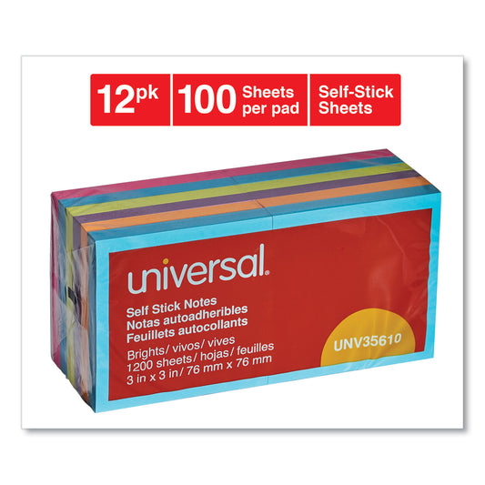 Universal Self-Stick Note Pads, 3" x 3", Assorted Bright Colors, 100 Sheets/Pad, 12 Pads/Pack (35610)