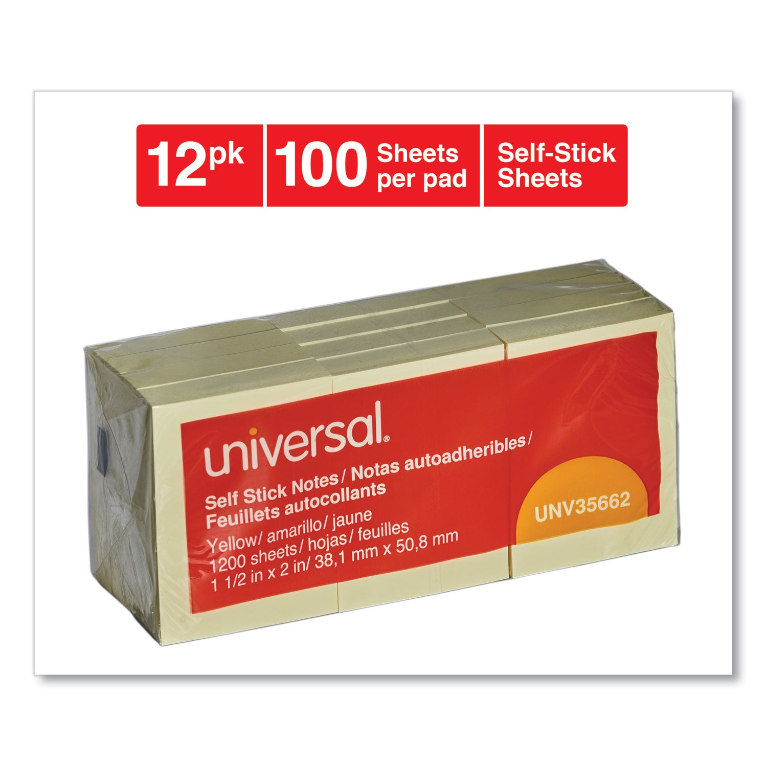 Universal Self-Stick Note Pads, 1.5" x 2", Yellow, 100 Sheets/Pad, 12 Pads/Pack (35662)