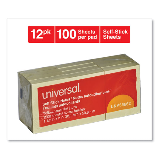 Universal Self-Stick Note Pads, 1.5" x 2", Yellow, 100 Sheets/Pad, 12 Pads/Pack (35662)