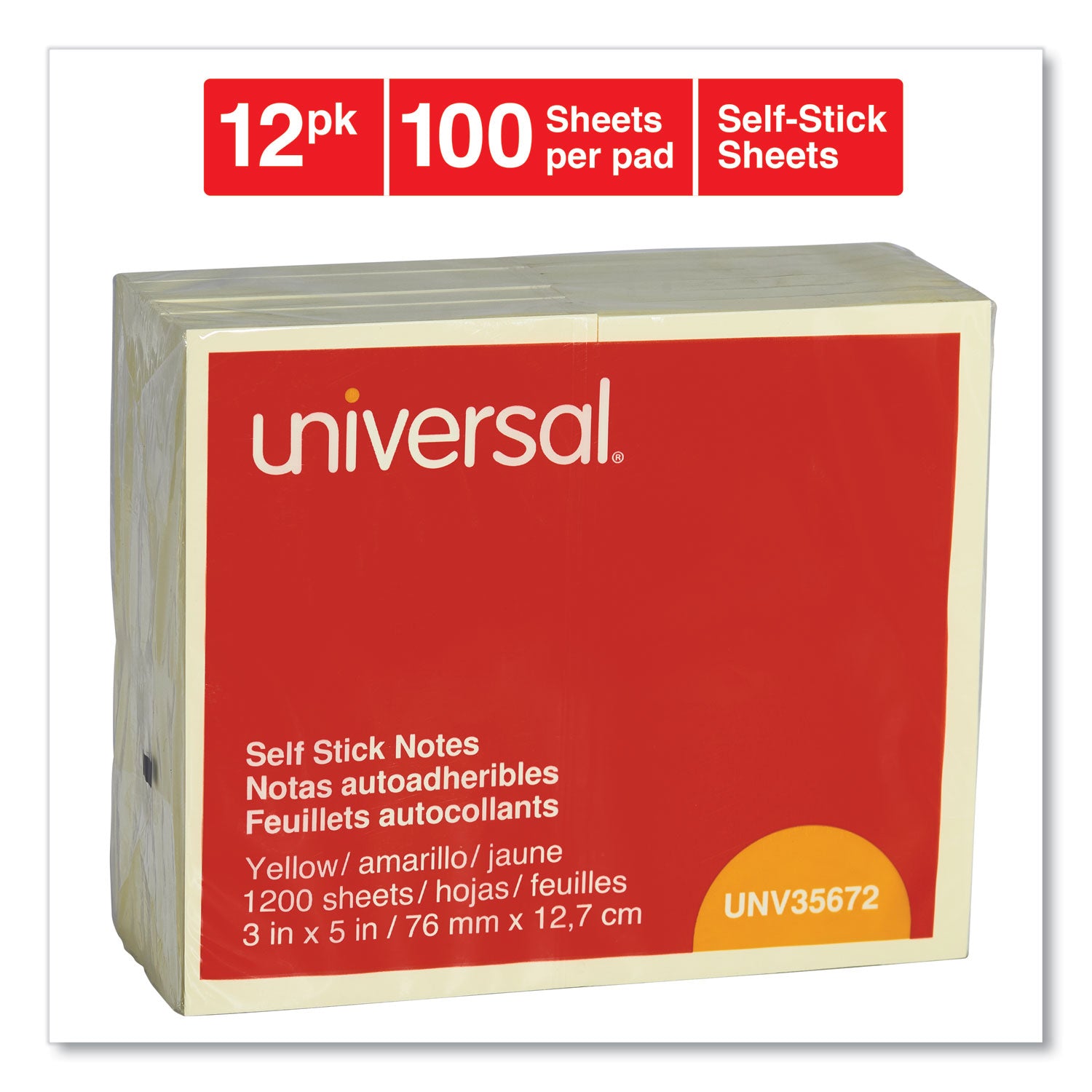 Universal Self-Stick Note Pads, 3" x 5", Yellow, 100 Sheets/Pad, 12 Pads/Pack (35672)