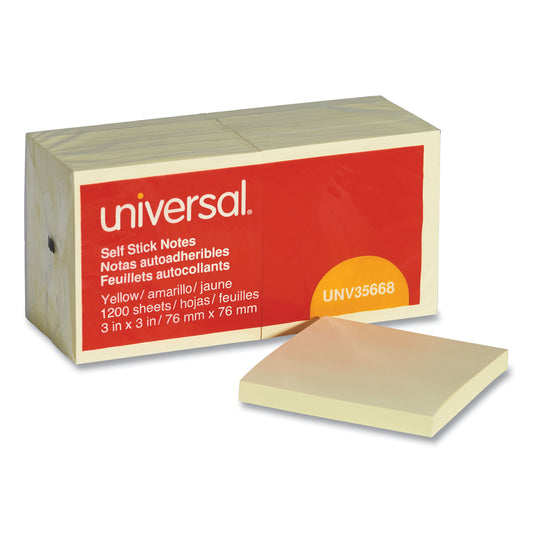 Universal Self-Stick Note Pads, 3" x 3", Yellow, 100 Sheets/Pad, 12 Pads/Pack (35668)