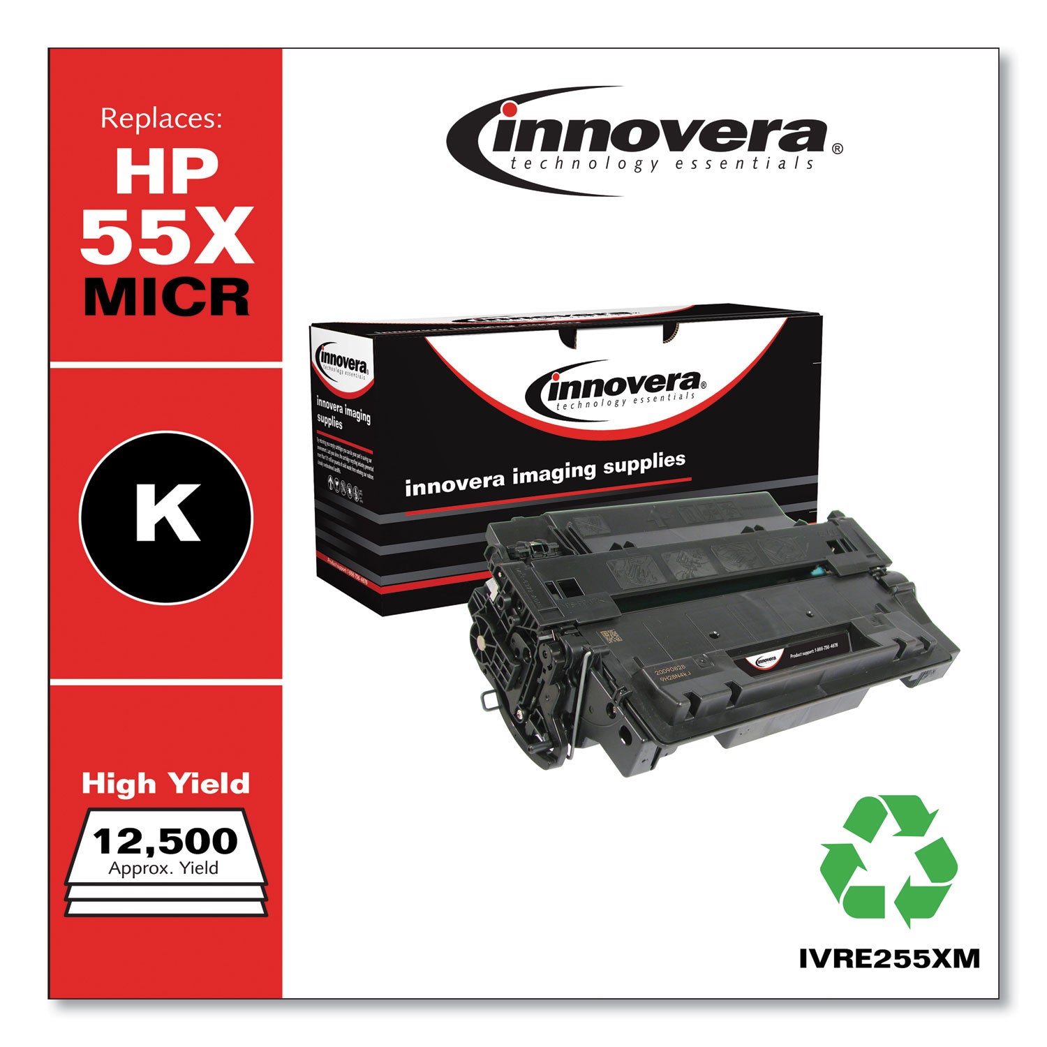 Innovera Remanufactured Black High-Yield MICR Toner, Replacement for 55XM (CE255XM), 12,500 Page-Yield