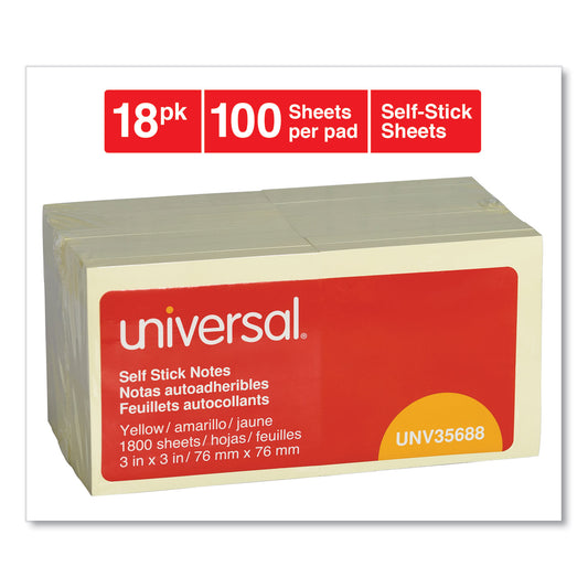 Universal Self-Stick Note Pad Value Pack, 3" x 3", Yellow, 100 Sheets/Pad, 18 Pads/Pack (35688)