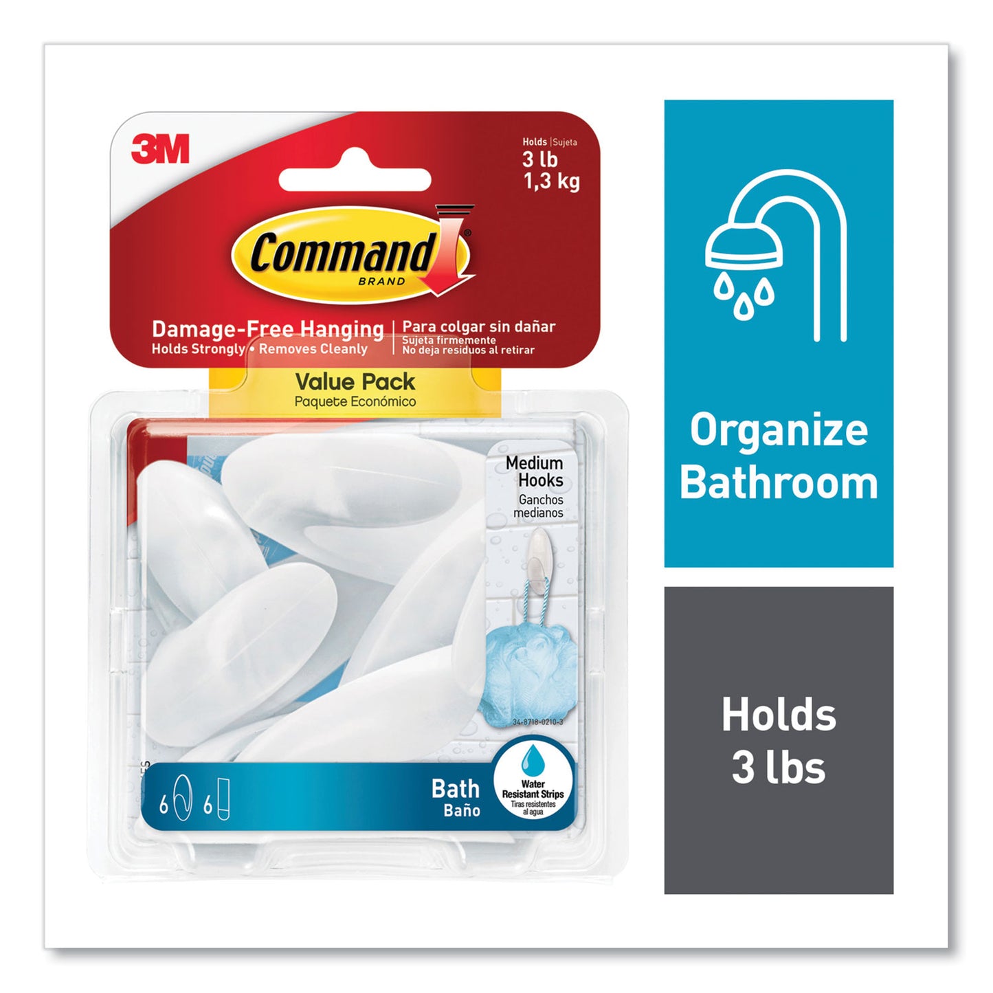 Command Medium Bath Hooks Value Pack, Plastic, White, 3 lb Capacity, 6 Hooks and 6 Strips (BATH186ES)