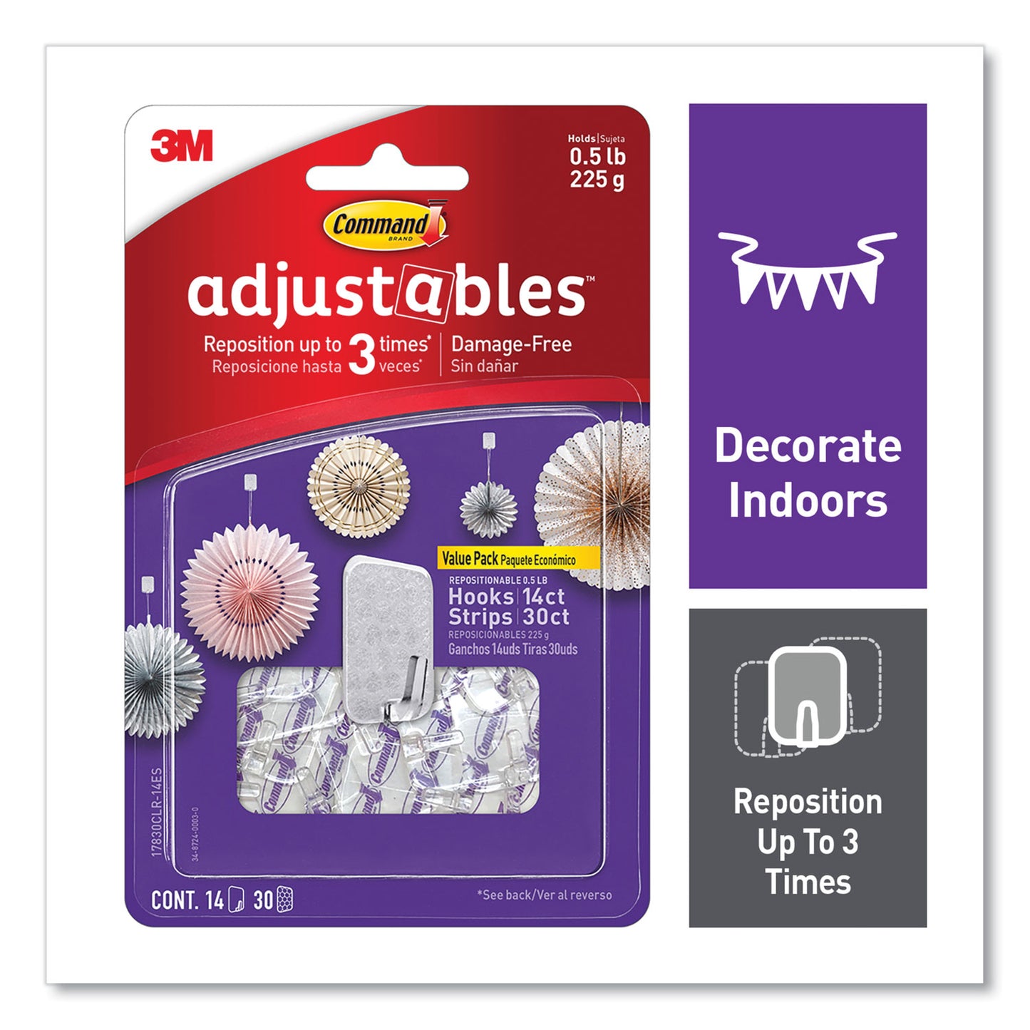 Command Adjustables Repositionable Mini Hooks, Plastic, White, 0.5 lb Capacity, 14 Hooks and 30 Strips (17830CLR14ES)