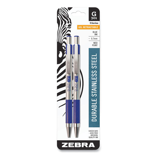 Zebra G-301 Gel Pen, Retractable, Medium 0.7 mm, Blue Ink, Stainless Steel/Blue Barrel, 2/Pack (41322)