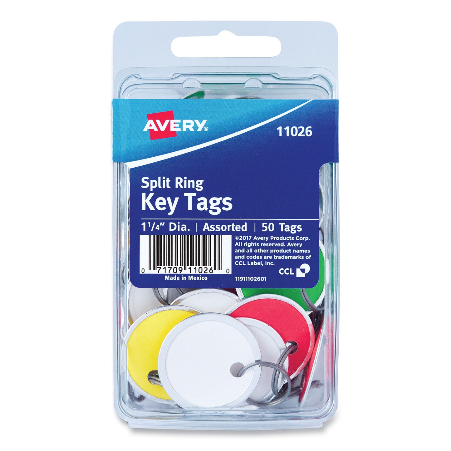 Avery Key Tags with Split Ring, 1.25" dia, Assorted Colors, 50/Pack (11026)