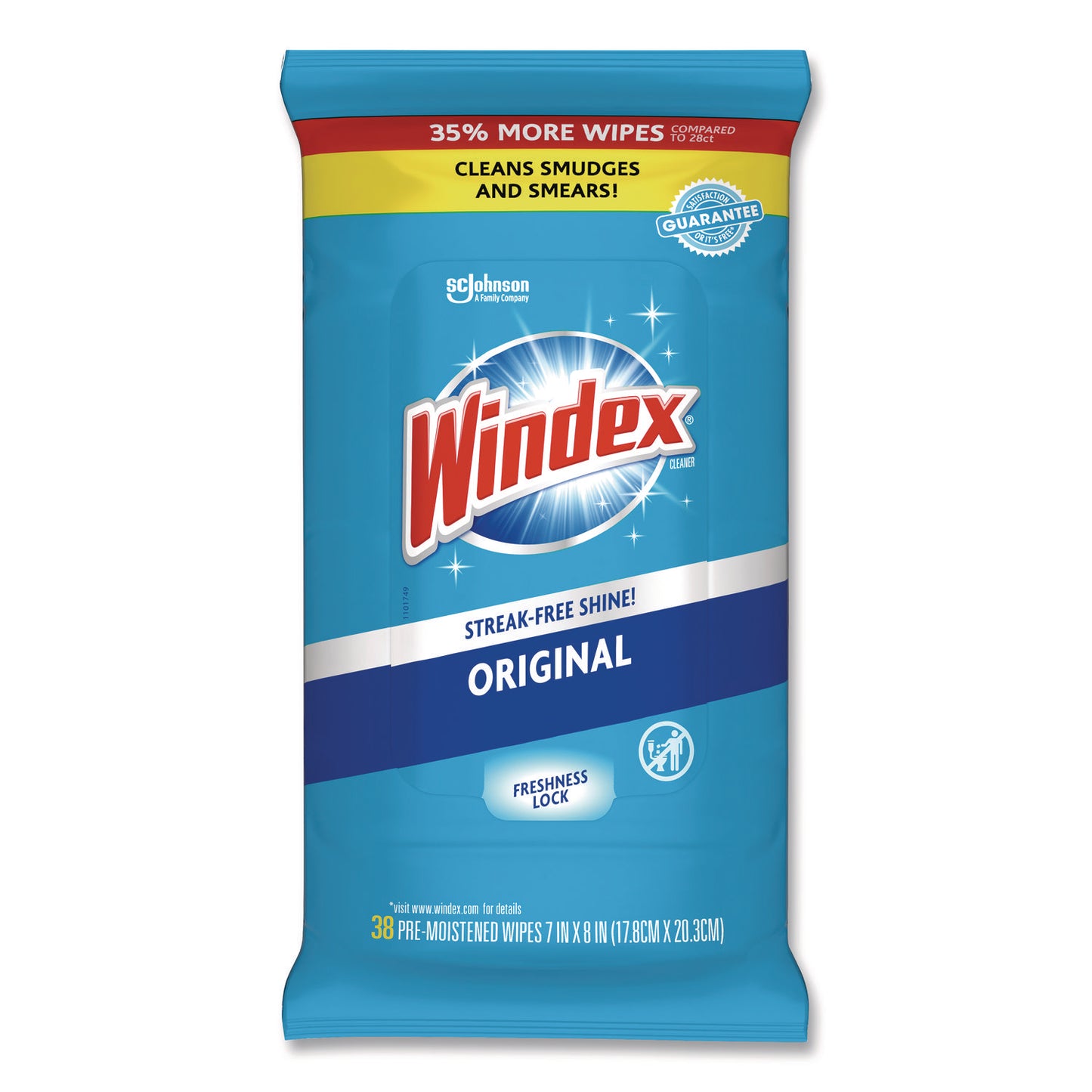 Windex Glass and Surface Wet Wipe, Cloth, 7 x 8, Unscented, White, 38/Pack, 12 Packs/Carton (319251)