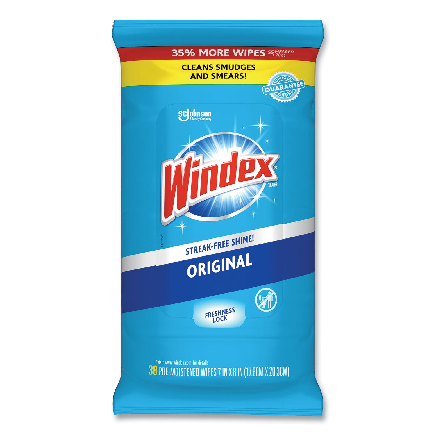 Windex Glass and Surface Wet Wipe, Cloth, 7 x 8, Unscented, White, 38/Pack (319251EA)