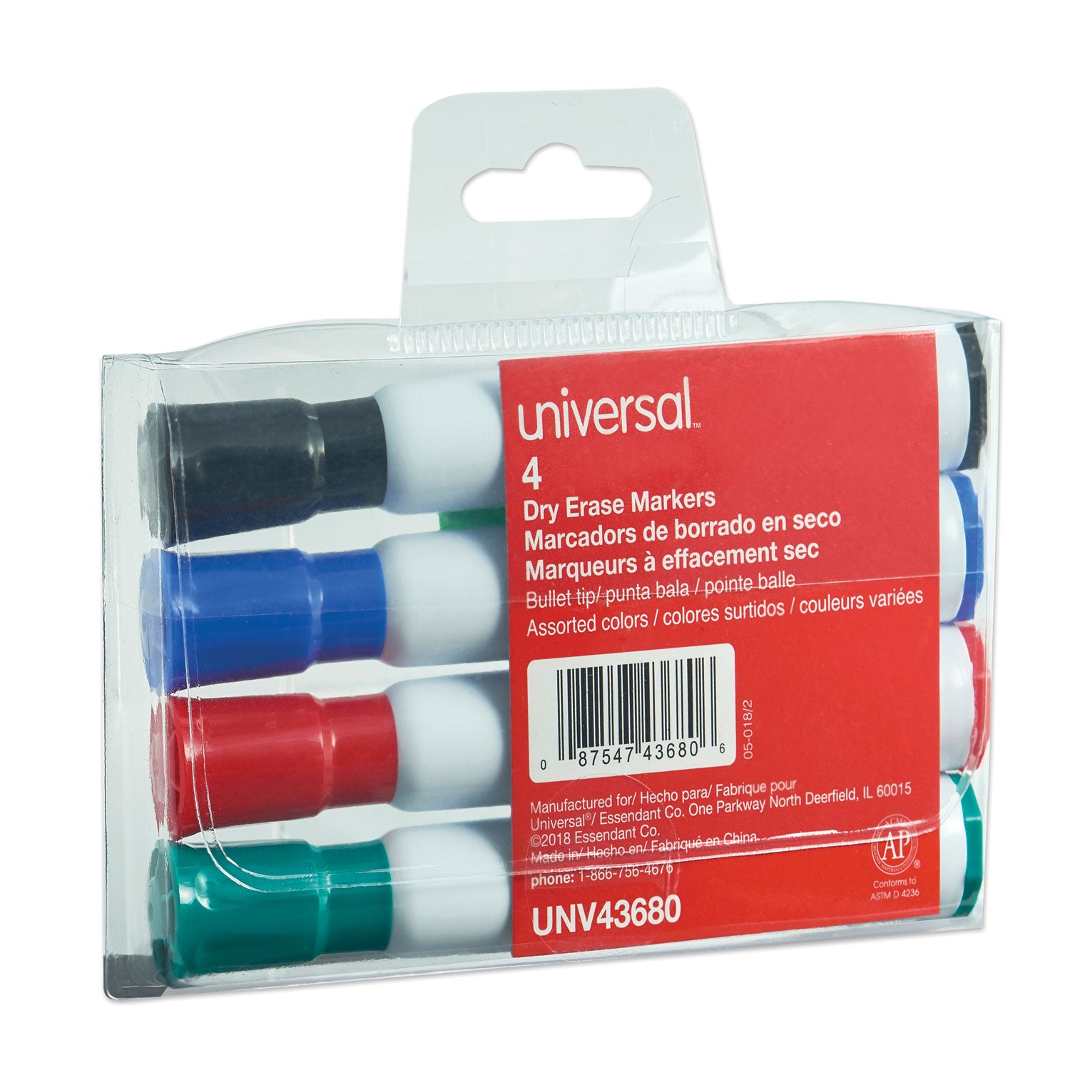 Universal Dry Erase Marker, Medium Bullet Tip, Assorted Colors, 4/Set (43680)