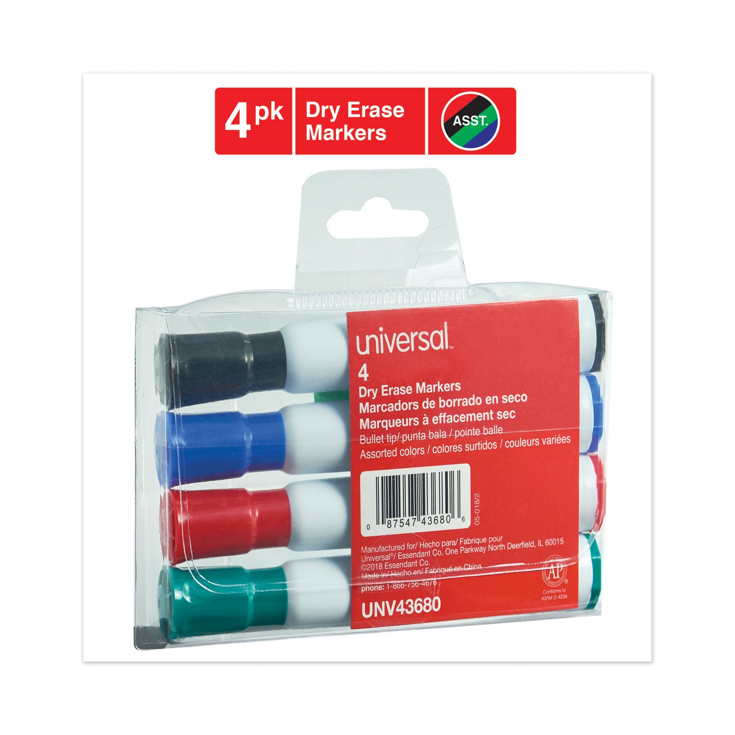 Universal Dry Erase Marker, Medium Bullet Tip, Assorted Colors, 4/Set (43680)