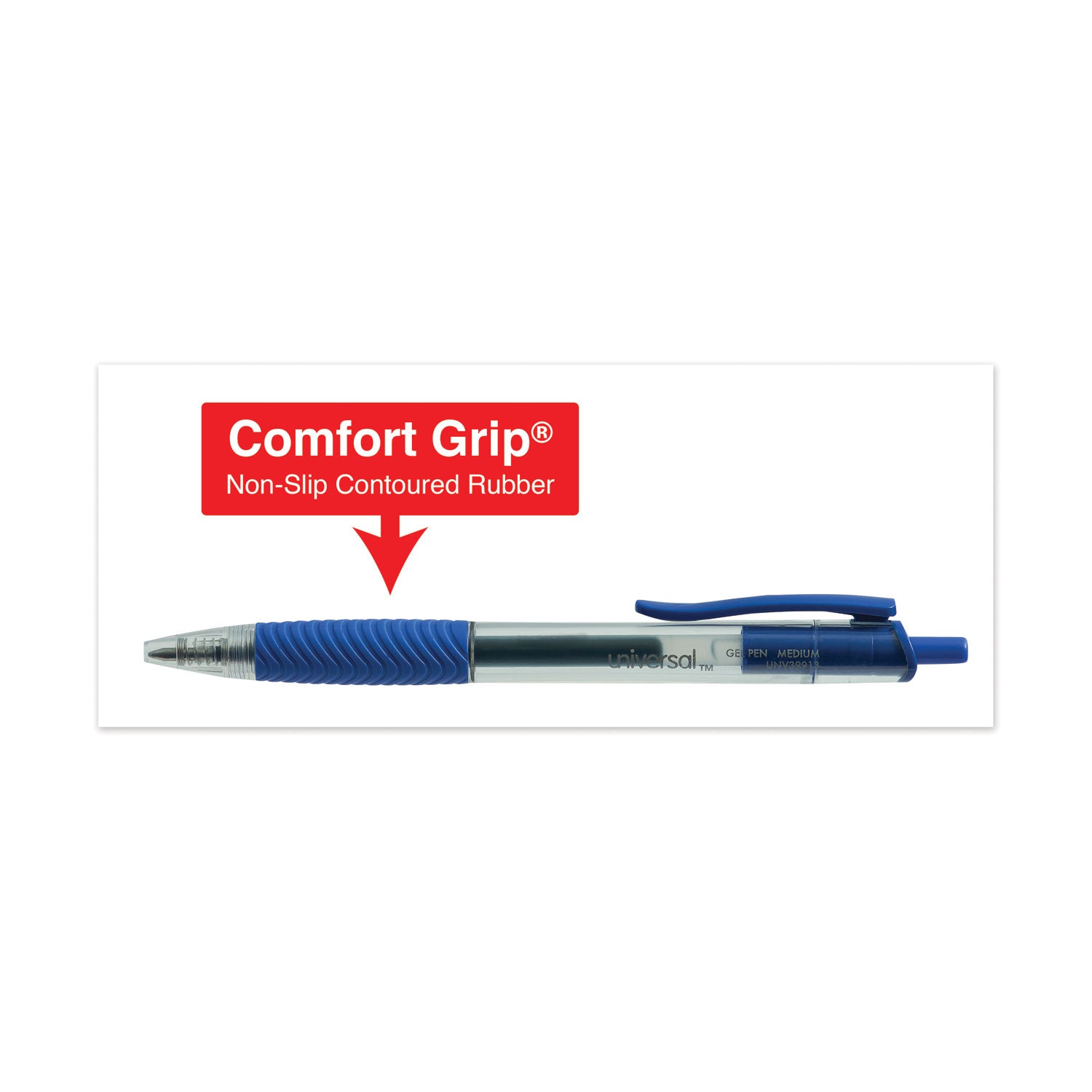 Universal Comfort Grip Gel Pen, Retractable, Medium 0.7 mm, Blue Ink, Clear/Blue Barrel, Dozen (39913)