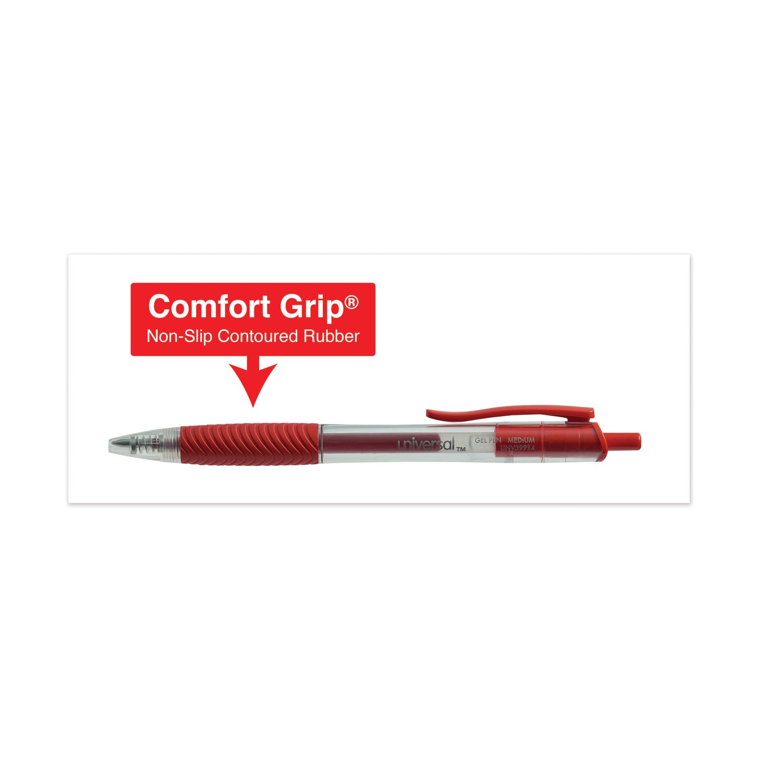 Universal Comfort Grip Gel Pen, Retractable, Medium 0.7 mm, Red Ink, Clear/Red Barrel, Dozen (39914)