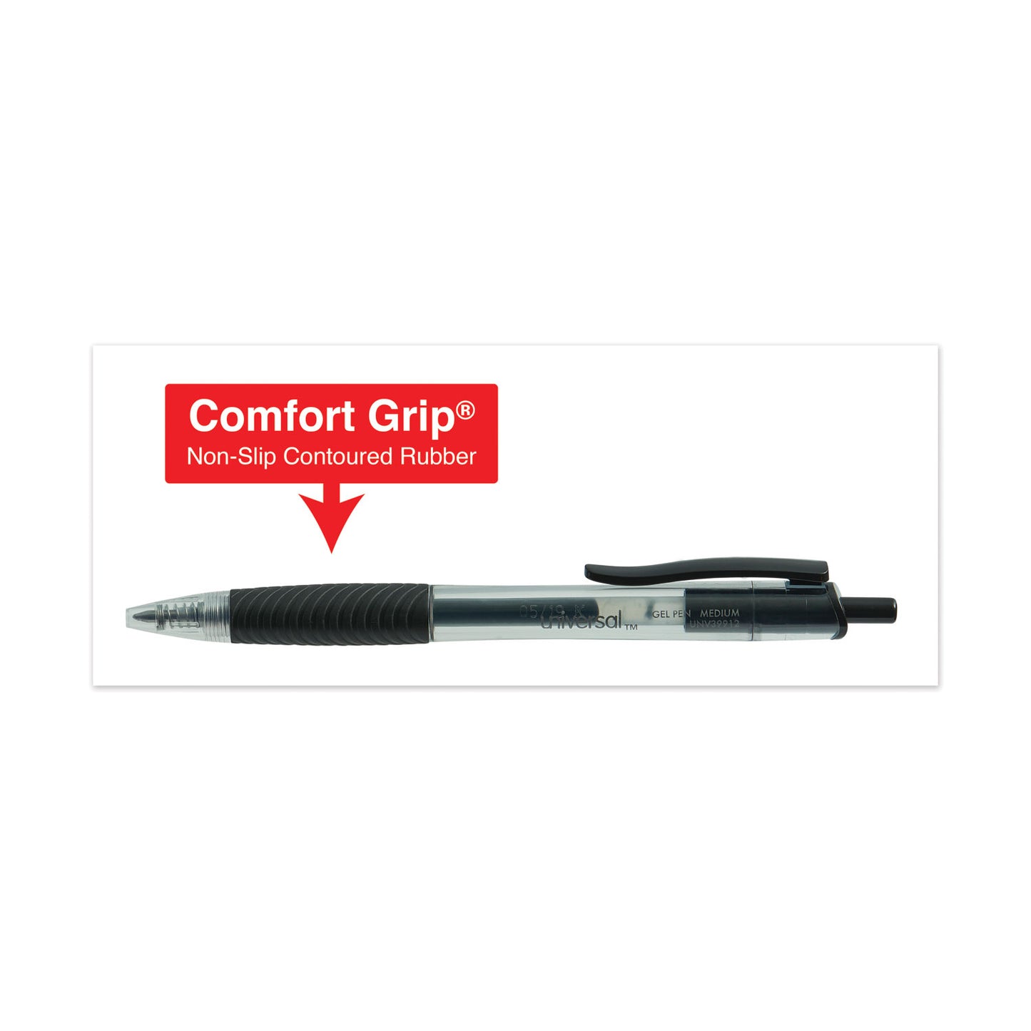 Universal Comfort Grip Gel Pen, Retractable, Medium 0.7 mm, Black Ink, Clear/Black Barrel, Dozen (39912)