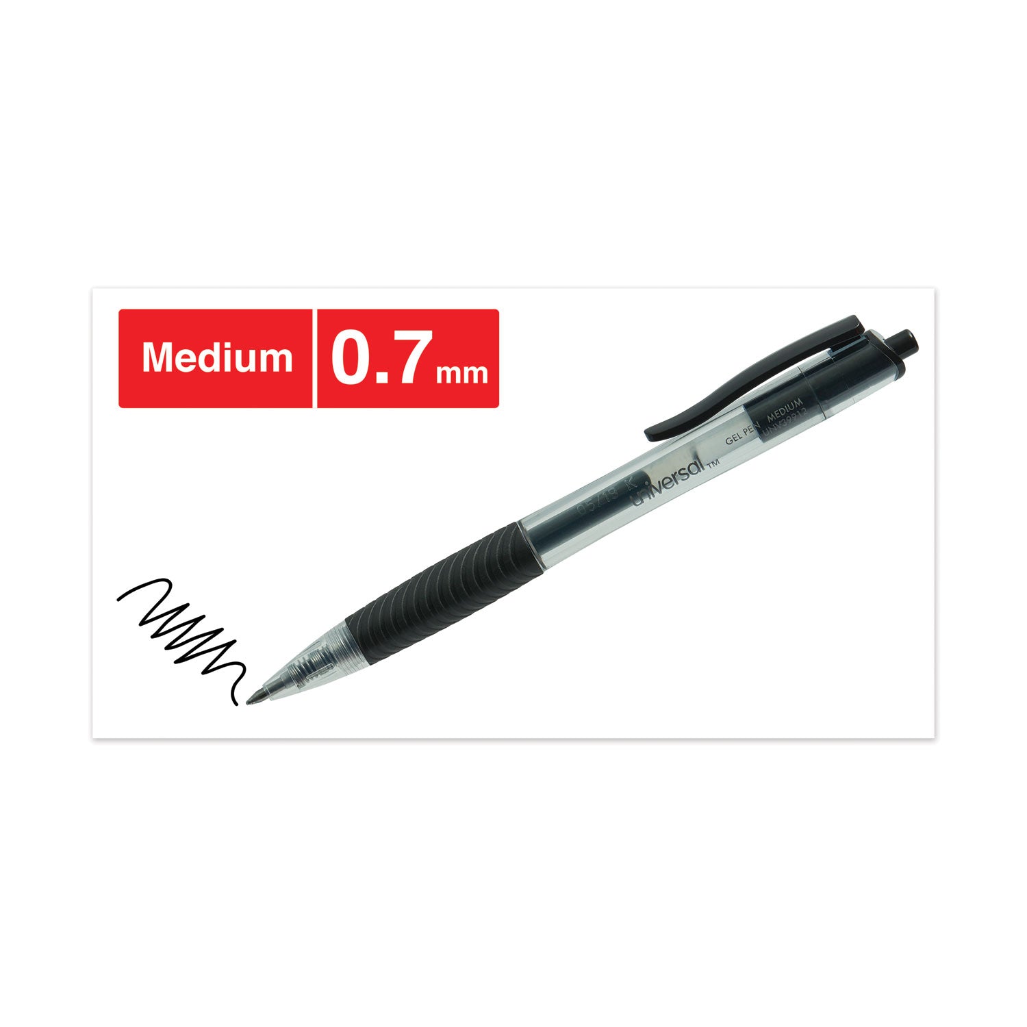 Universal Comfort Grip Gel Pen, Retractable, Medium 0.7 mm, Black Ink, Clear/Black Barrel, Dozen (39912)