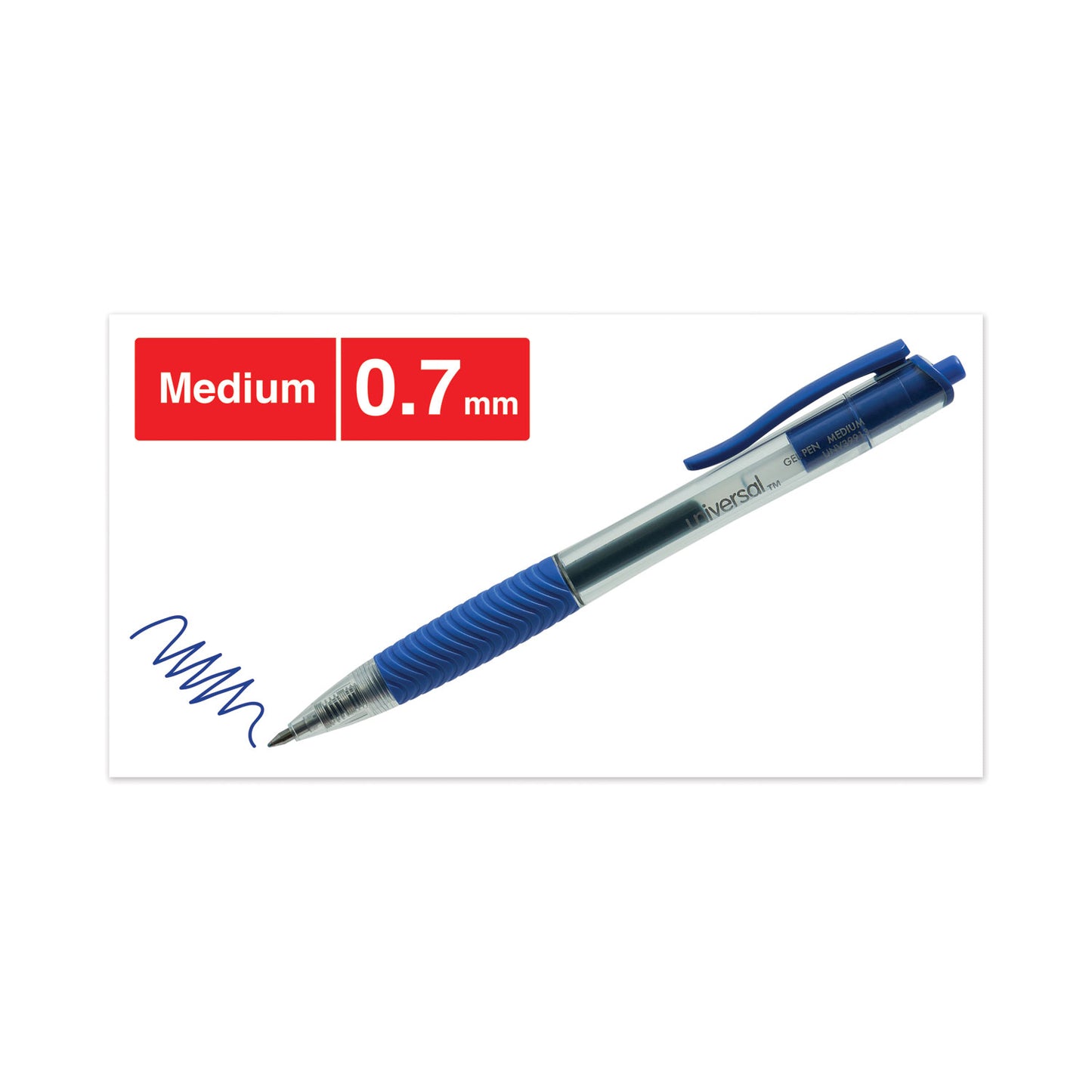 Universal Comfort Grip Gel Pen, Retractable, Medium 0.7 mm, Blue Ink, Clear/Blue Barrel, Dozen (39913)