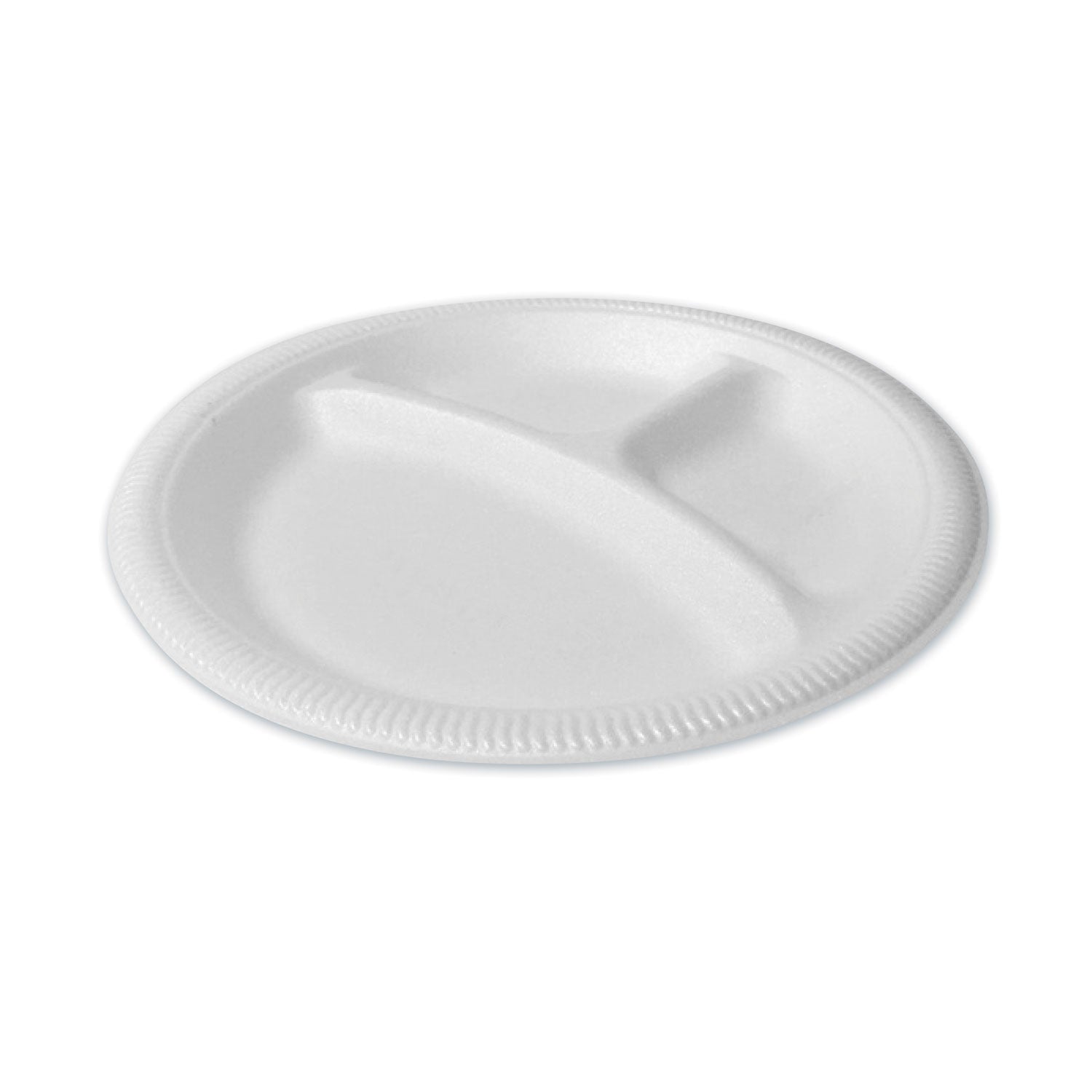 Plastifar Foam Dinnerware, 3-Compartment Plate, 9" dia, White, 125/Sleeve, 4 Sleeves/Bag, 1 Bag/Pack (12201)