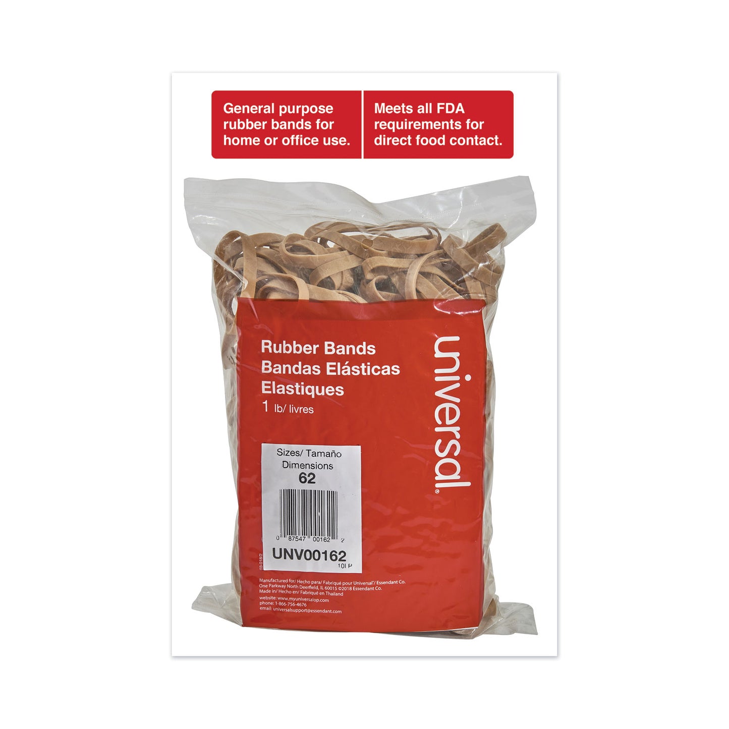 Universal Rubber Bands, Size 62, 0.04" Gauge, Beige, 1 lb Box, 490/Pack (00162)