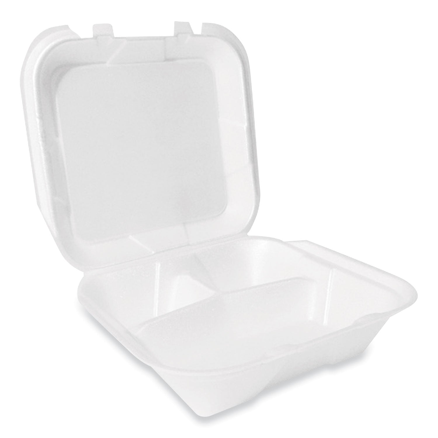 Plastifar Foam Hinged Lid Container, Secure Two Tab Latch, Poly Bag, 3-Compartment, 9 x 9 x 3, White, 100/Bag, 2 Bags/Carton (12094)